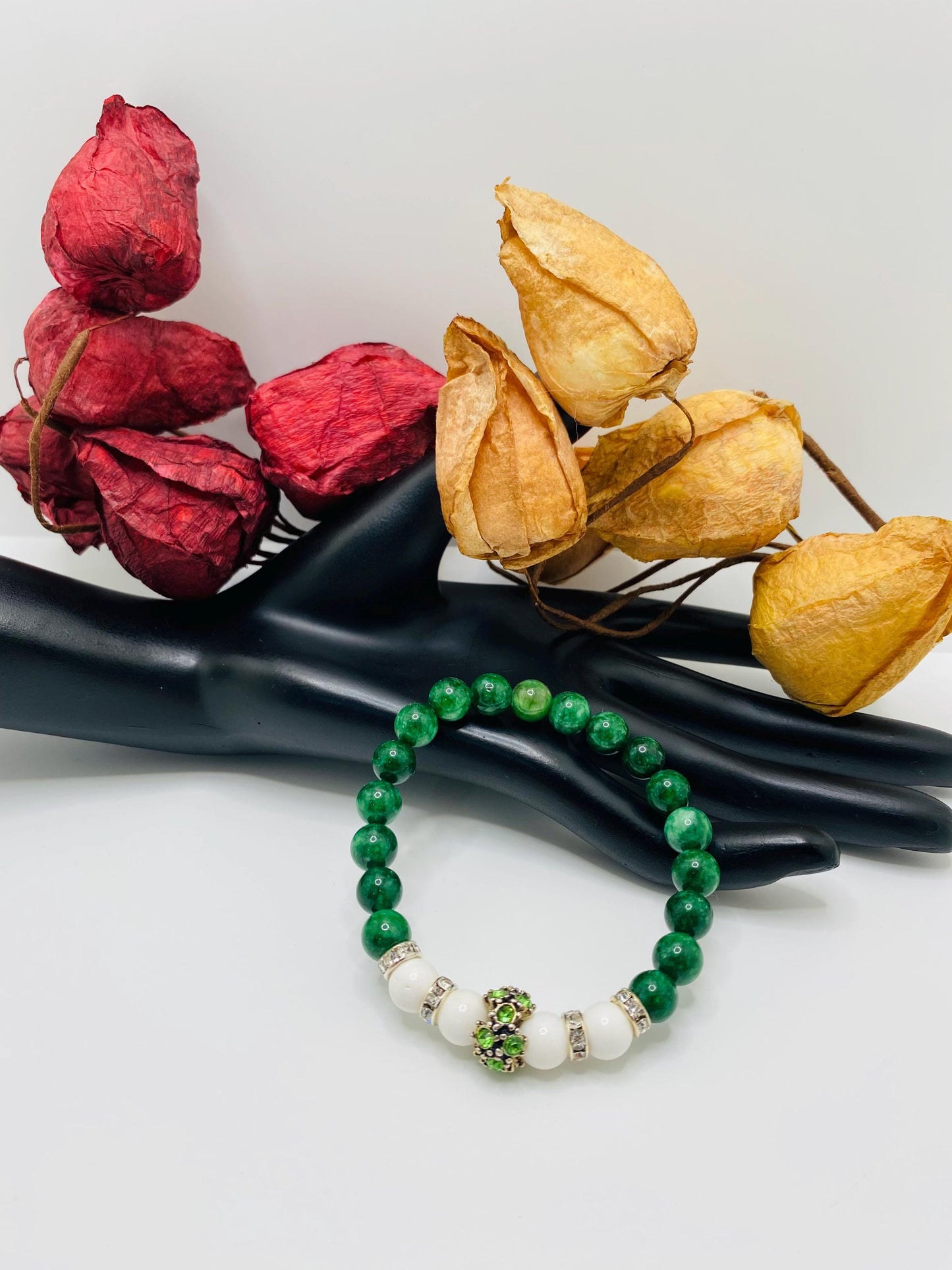 Jade Charm Bracelet: Agate Beads, Silver Rhinestone Charm