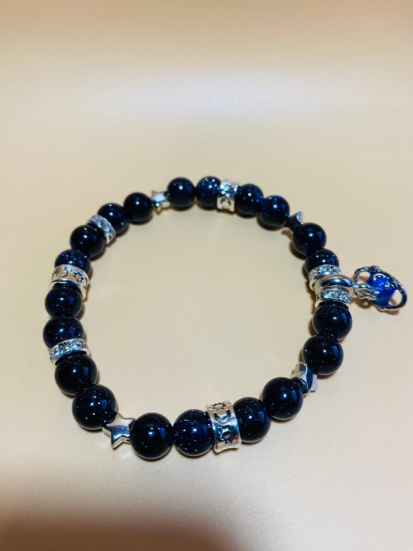 Charm Bracelet, White Gold Bracelet with Saturn Celestial Jewelry, Blue Sandstone Gemstone Beads