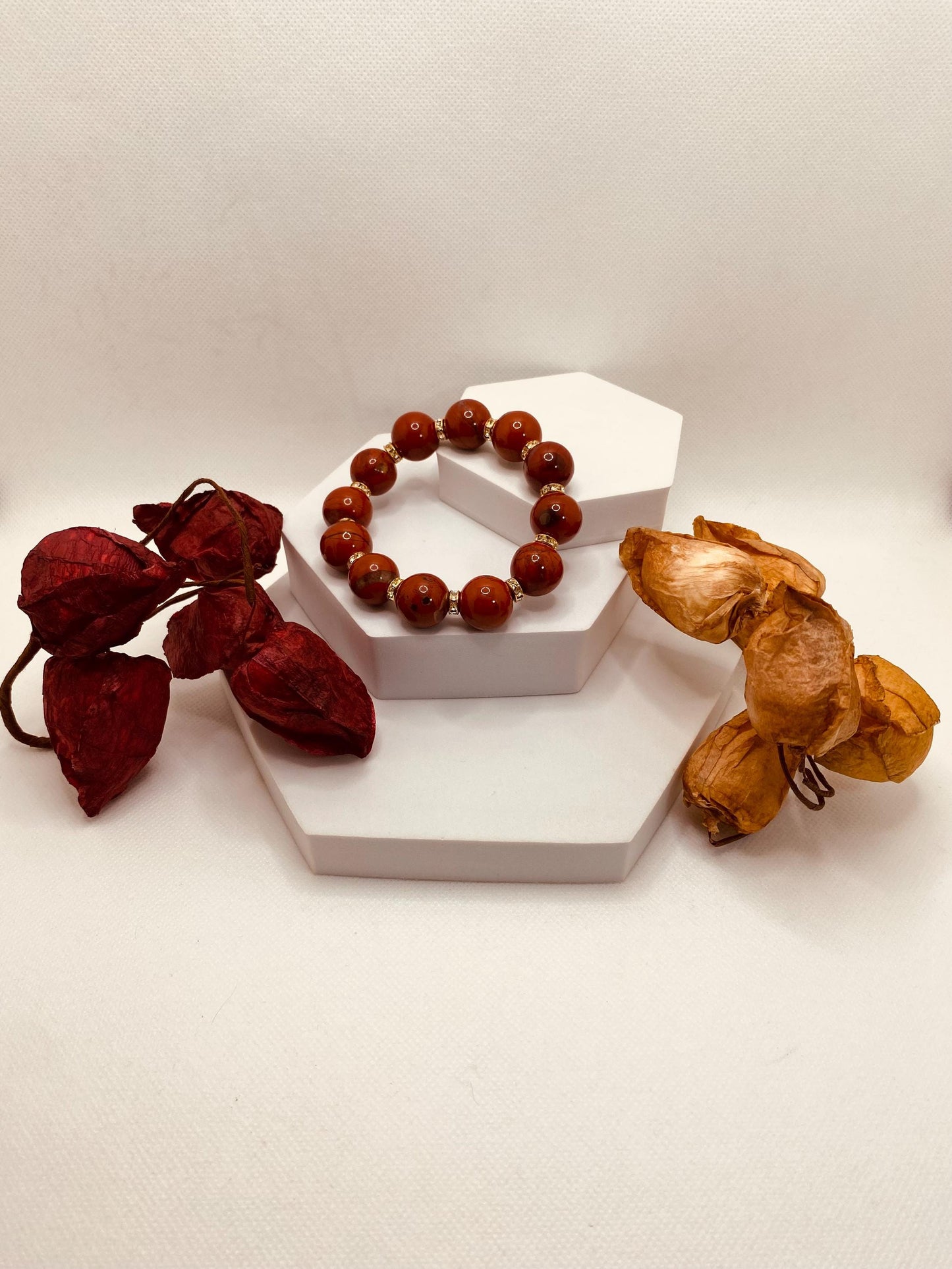 Handmade Chunky Red Jasper Bracelet: Rhinestone Gemstone Jewelry