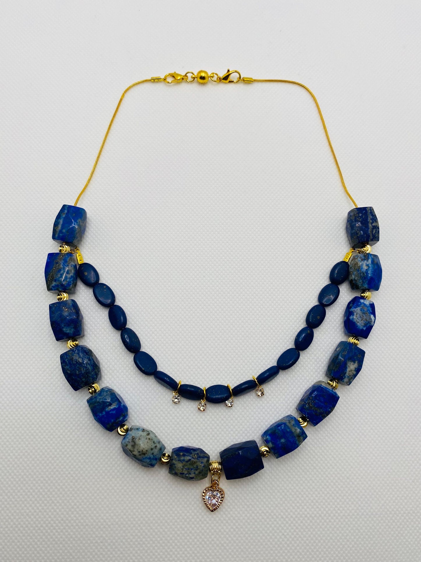 Handmade Lapis Lazuli Layered Necklace: Gold Plated Heart Pendant