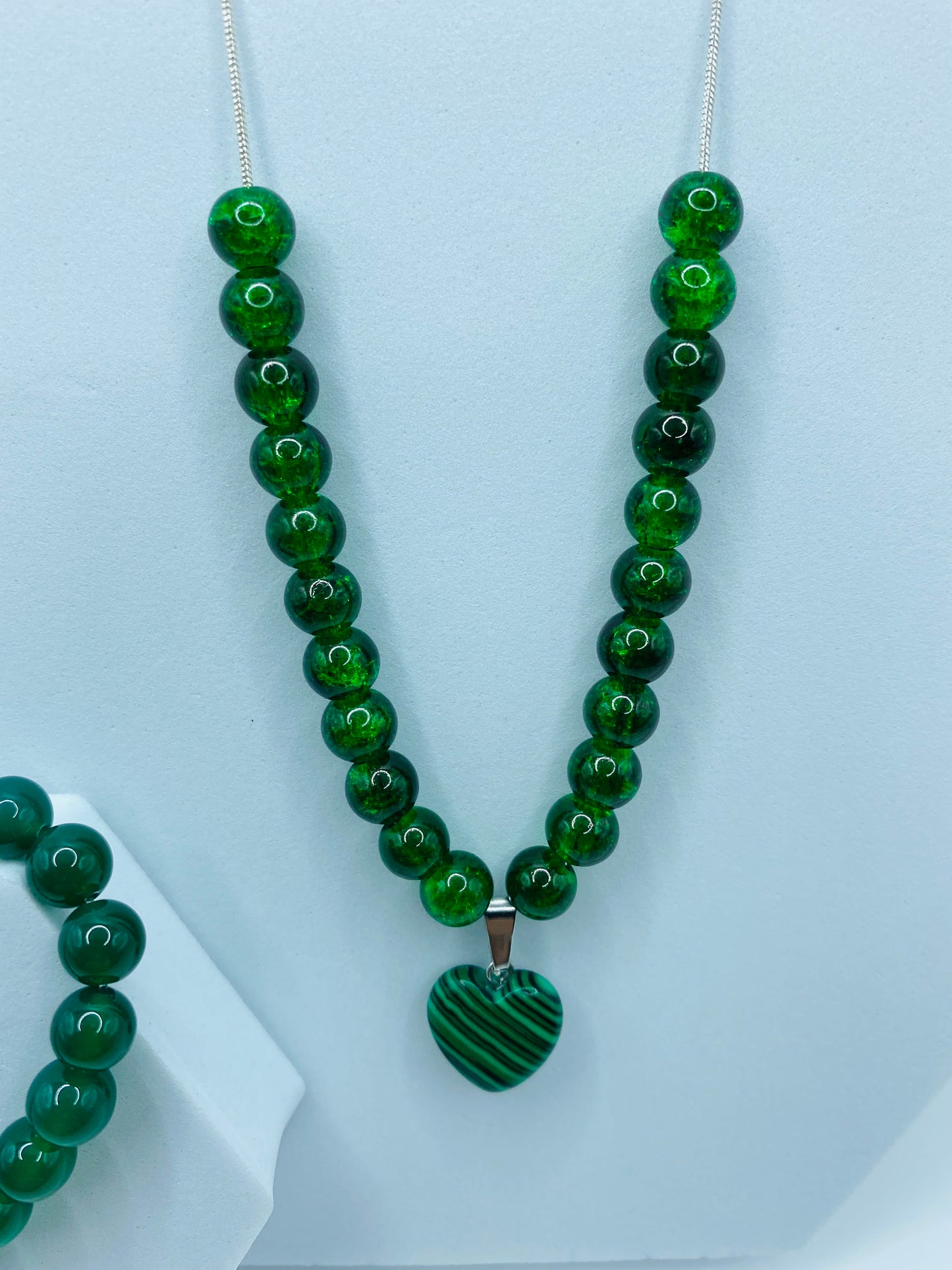 Handmade Lampwork Glass Bead Jewelry Set: Malachite Heart Necklace & Bracelet