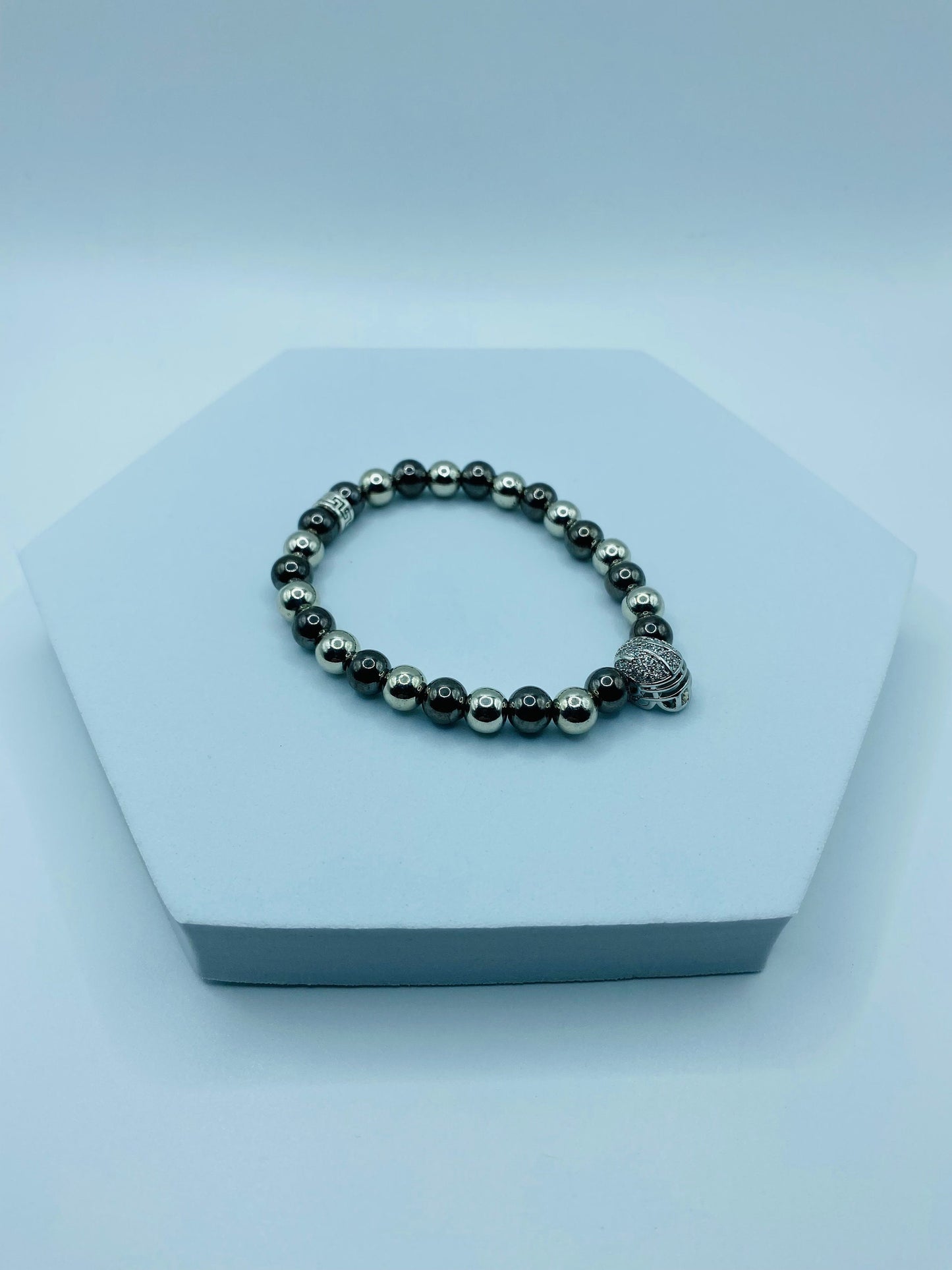 Las Vegas Raiders Bracelet: Hematite Gemstone Beads, CZ Football Helmet