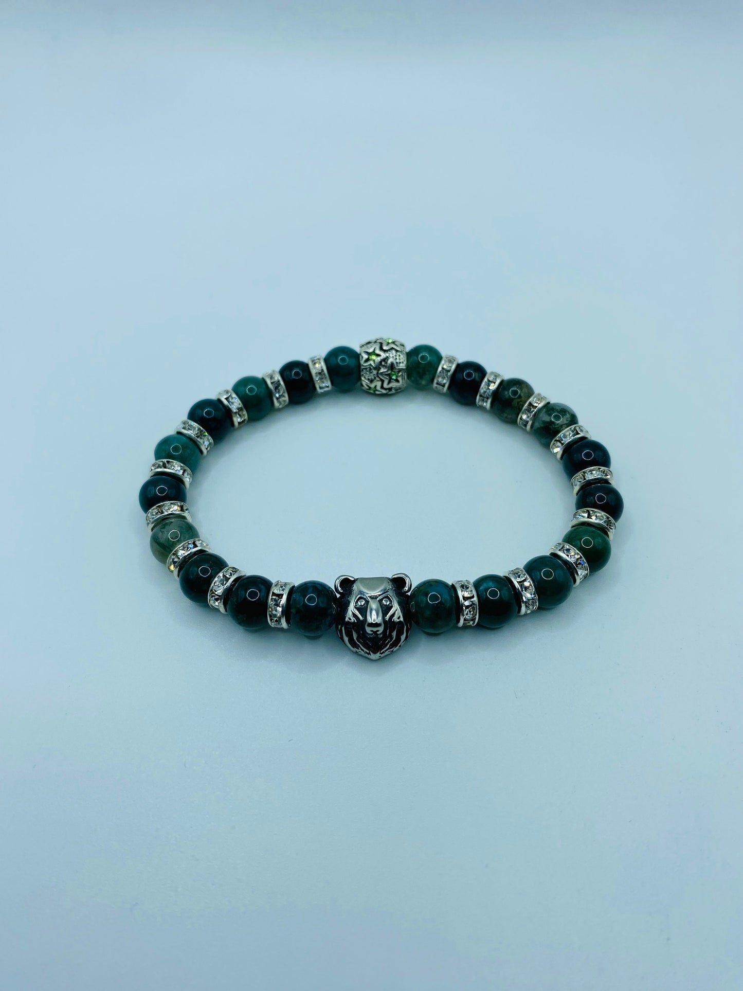 Mens Moss Agate Beaded Bracelet with Stainless Steel Bear Charm