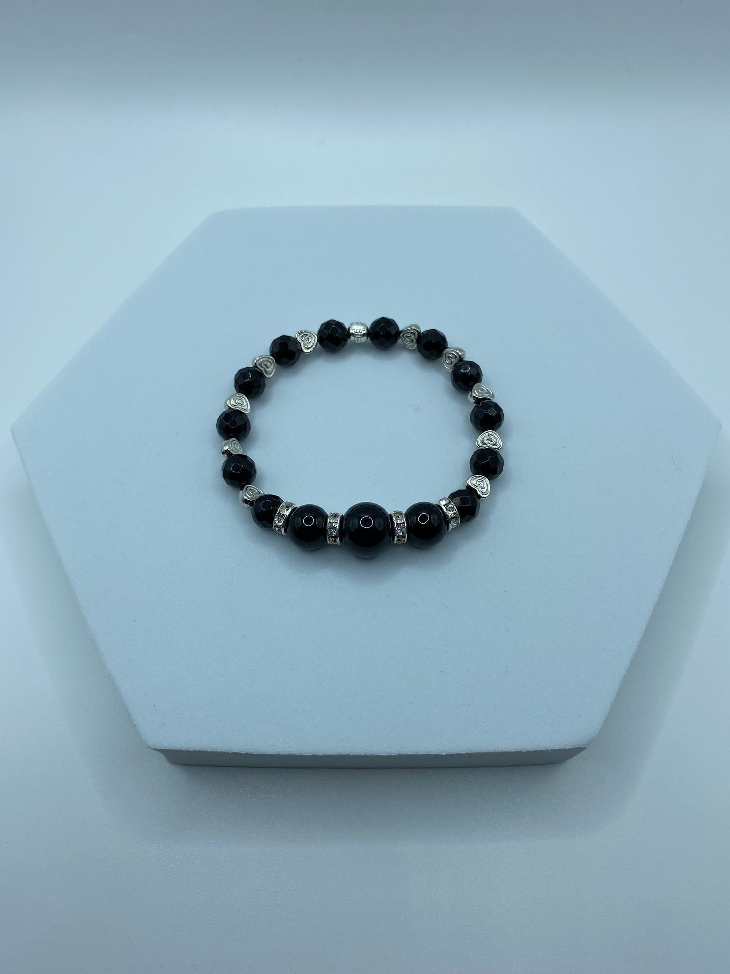 Black Onyx Bracelet: White Gold Heart Charm, Rhinestone Rondelles