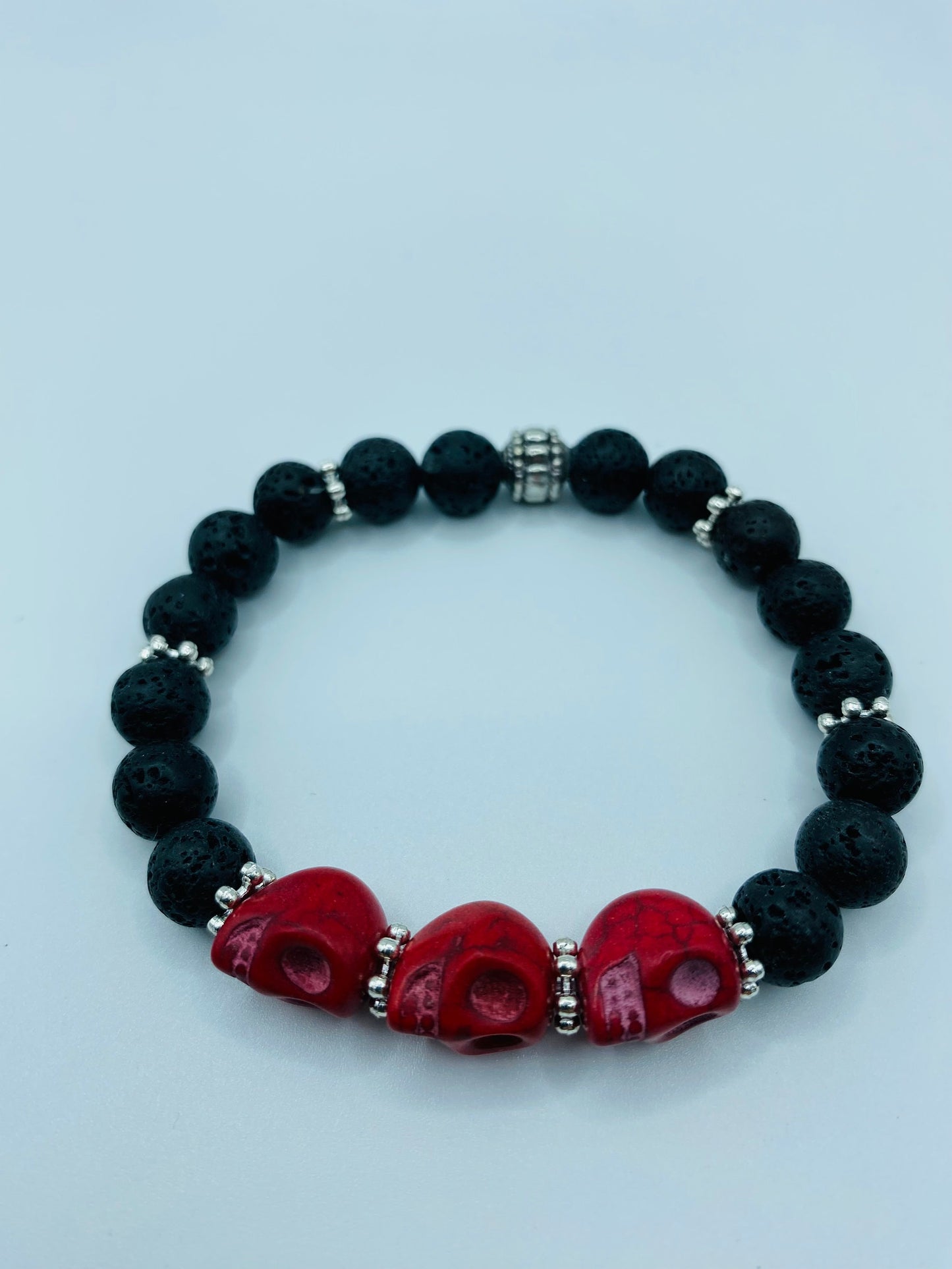 Day of the Dead Lava Rock Bracelet, Red Skull Beads - Dia de Los Muertos - Gothic Jewelry - Gift for Him