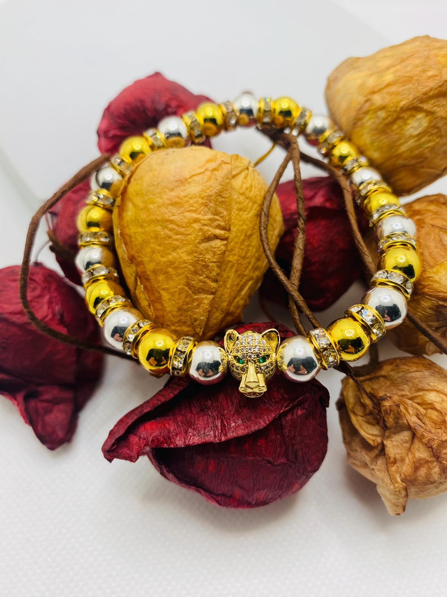 Tiger Charm Bracelet: Gold & Silver Hematite Beads, Cubic Zirconia