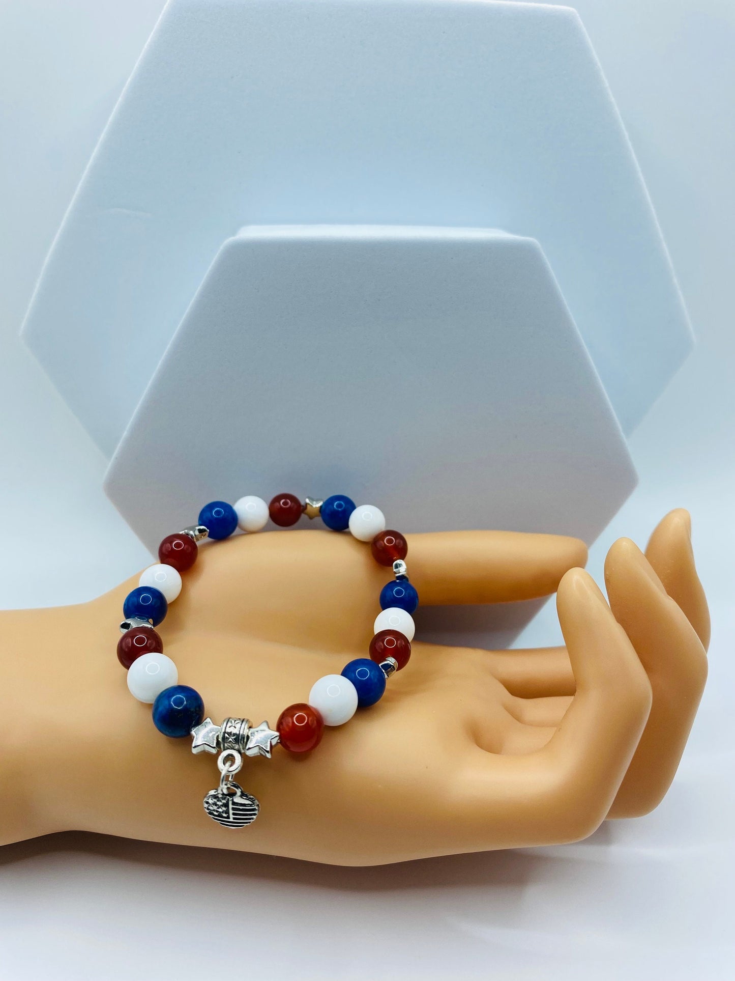Handmade Jewelry Star Bracelet with Heart Shaped American Flag, Natural Gemstone Beads, Charm Bracelet
