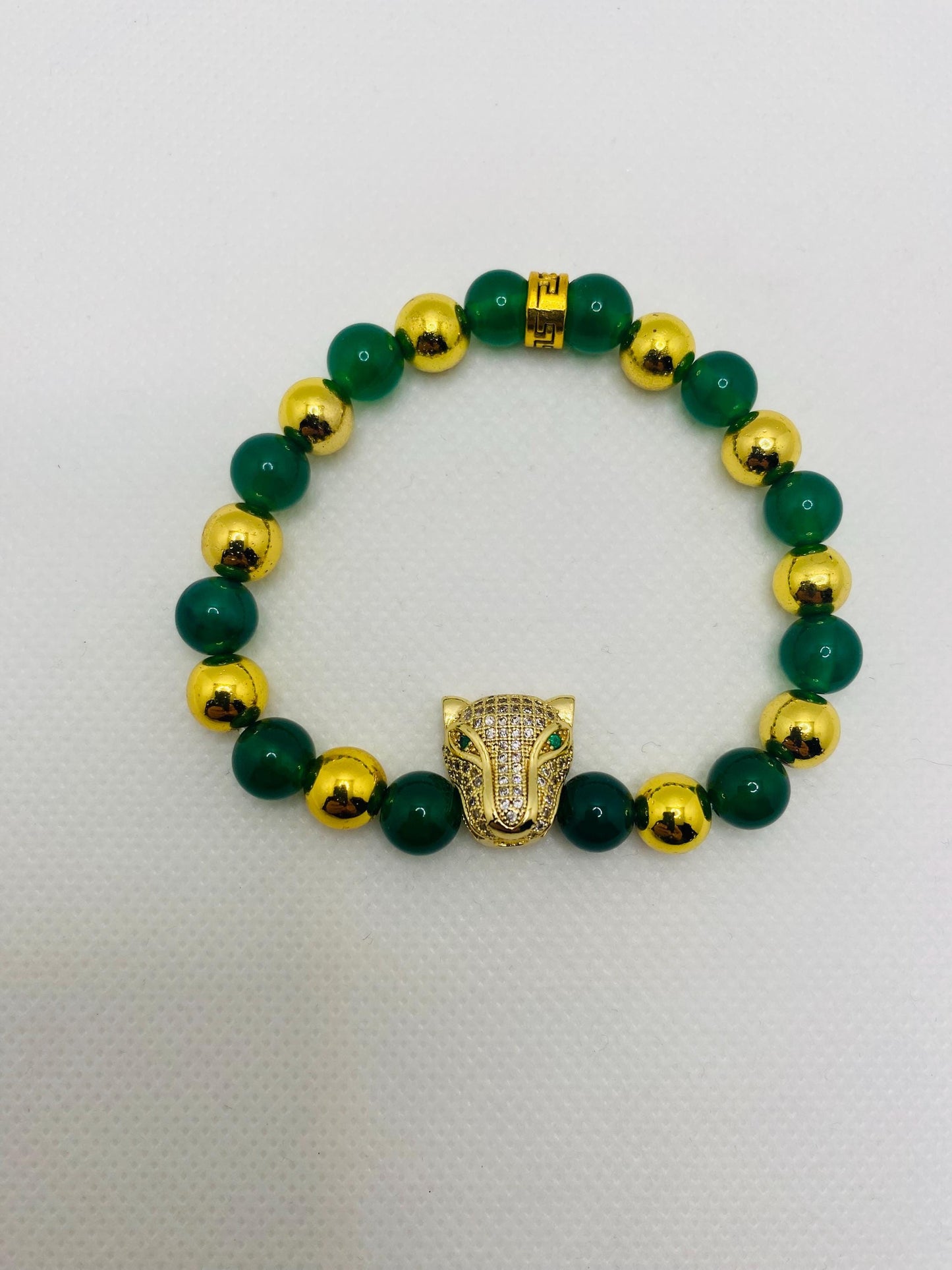 Jade & Hematite Bracelet: Gold CZ Panther Bead, Handmade