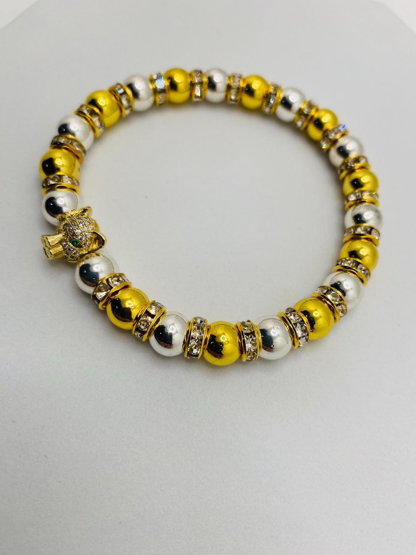 Tiger Charm Bracelet: Gold & Silver Hematite Beads, Cubic Zirconia