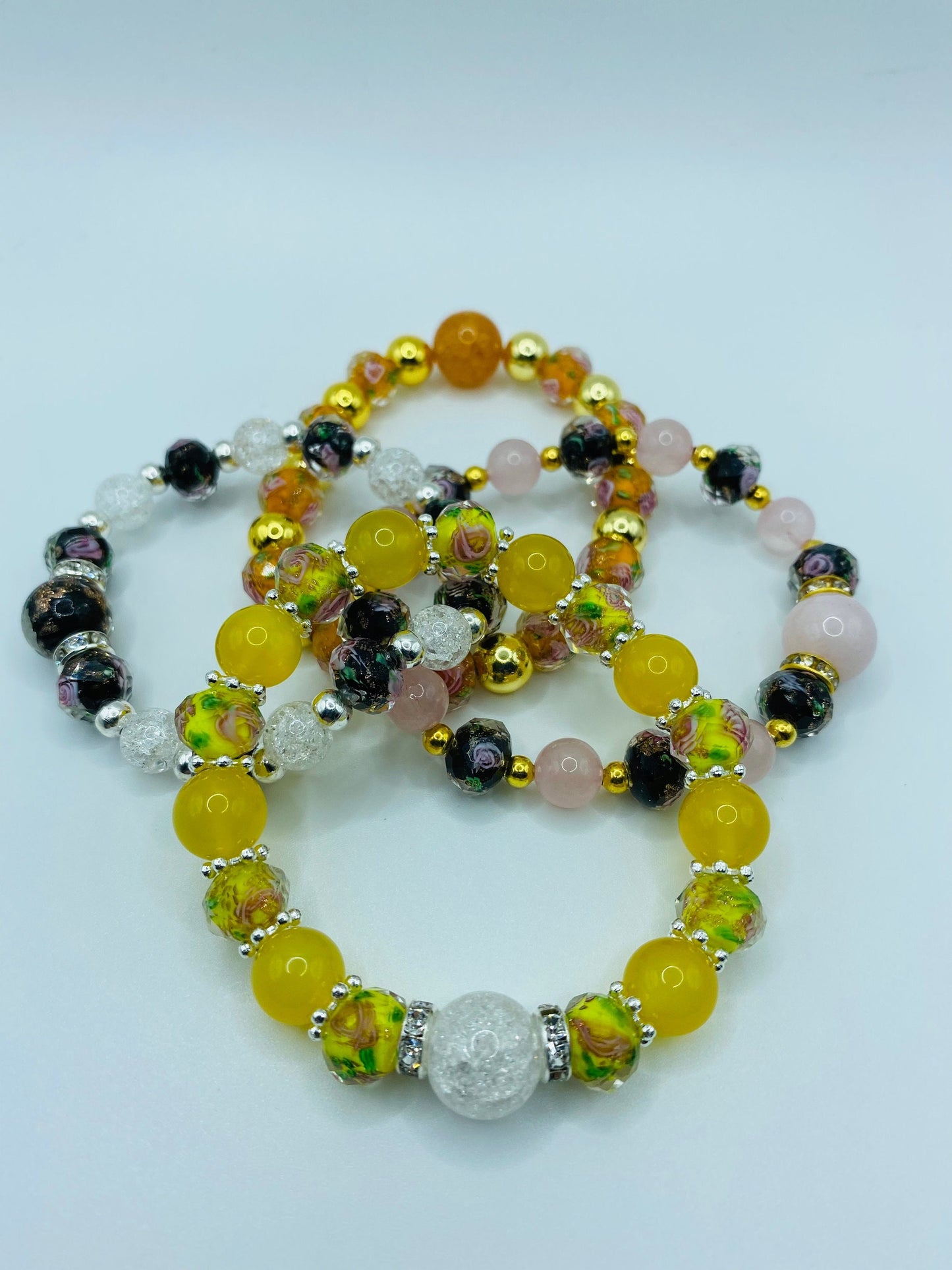 Summer Jewelry for Women with Yellow Agate & Lampwork Glass Beads, Quartz Crystal Bracelet