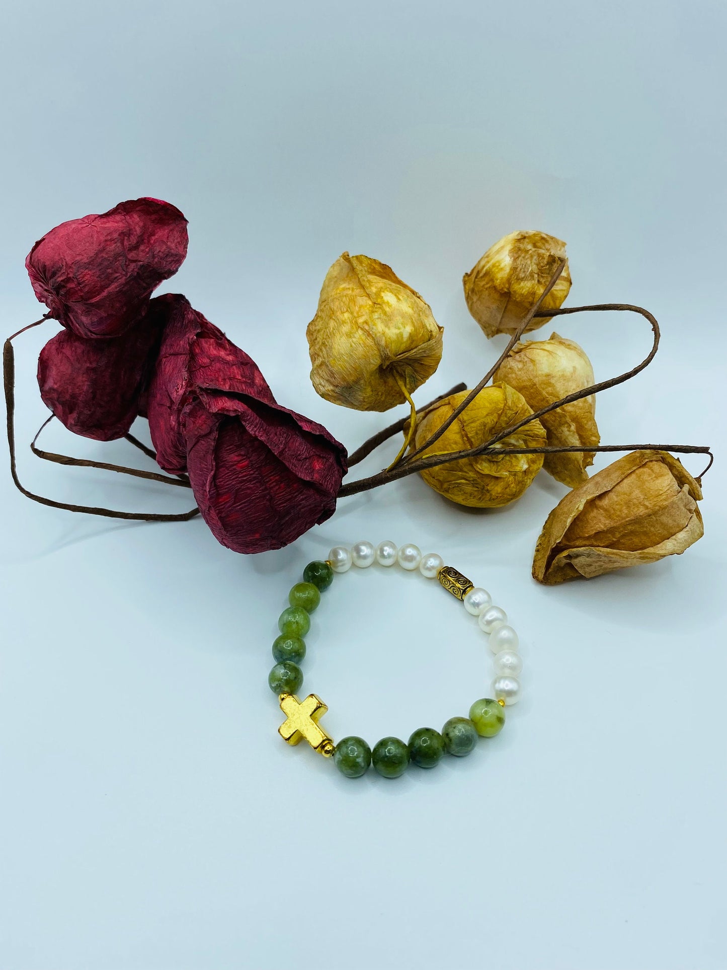 Jade & Pearl Bracelet: Gold Cross Charm, Gemstone Beaded Jewelry