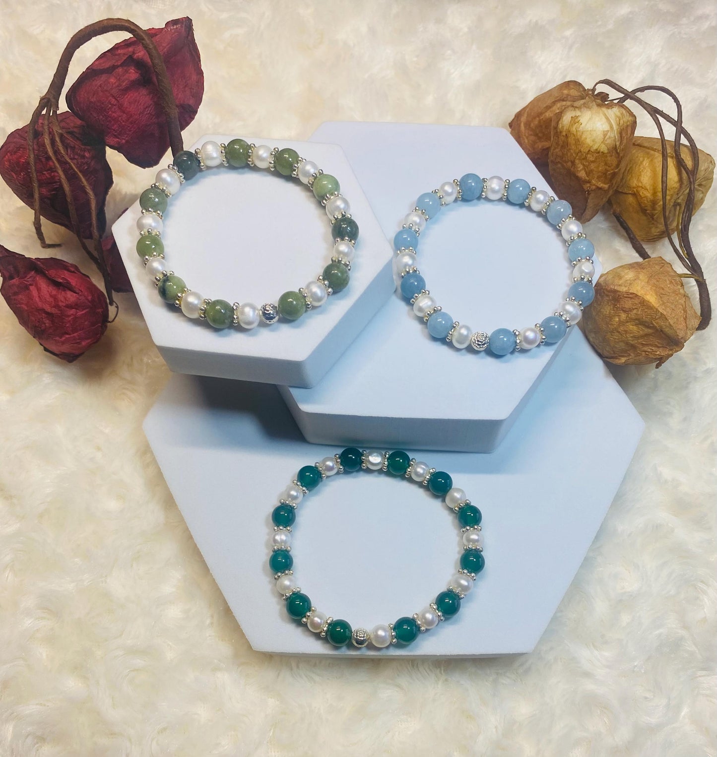 Handmade Baroque Pearl Bracelet Set: Jade & Agate Gemstone Beads