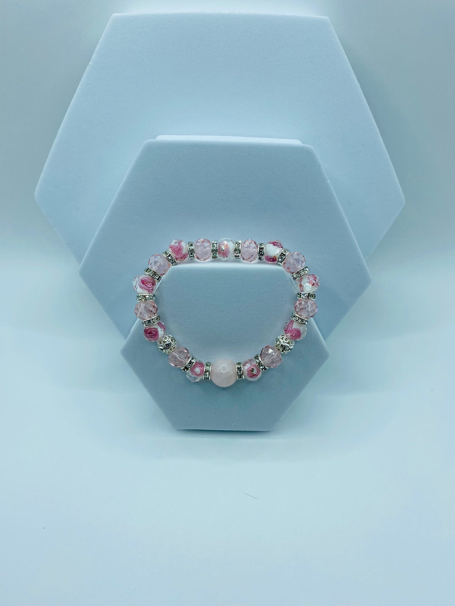 Lampwork Beads Flower Girl Bracelet - Rose Quartz Crystal Bracelets for Women - Pink Glass Beads
