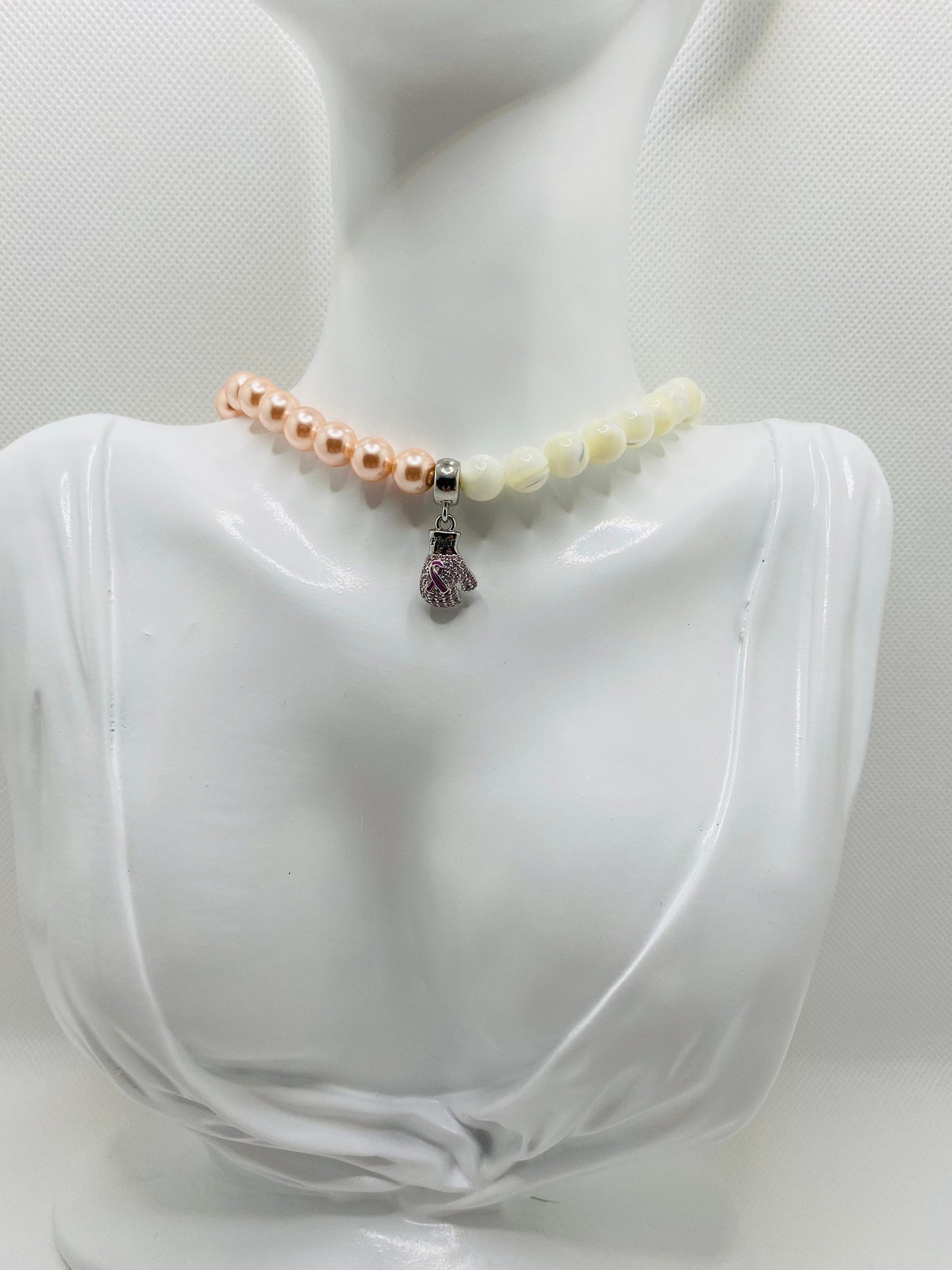 Mother of Pearl Beaded Necklace: Pink Ribbon Boxing Glove, Cancer Survivor Gift