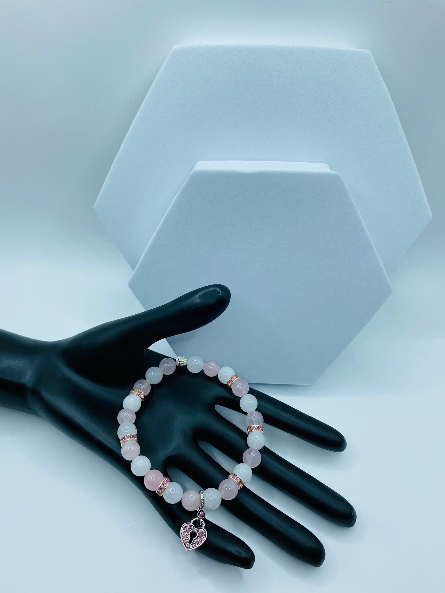 Heart Locket Charm Bracelet: Rose Quartz & White Jade Gemstone Beads