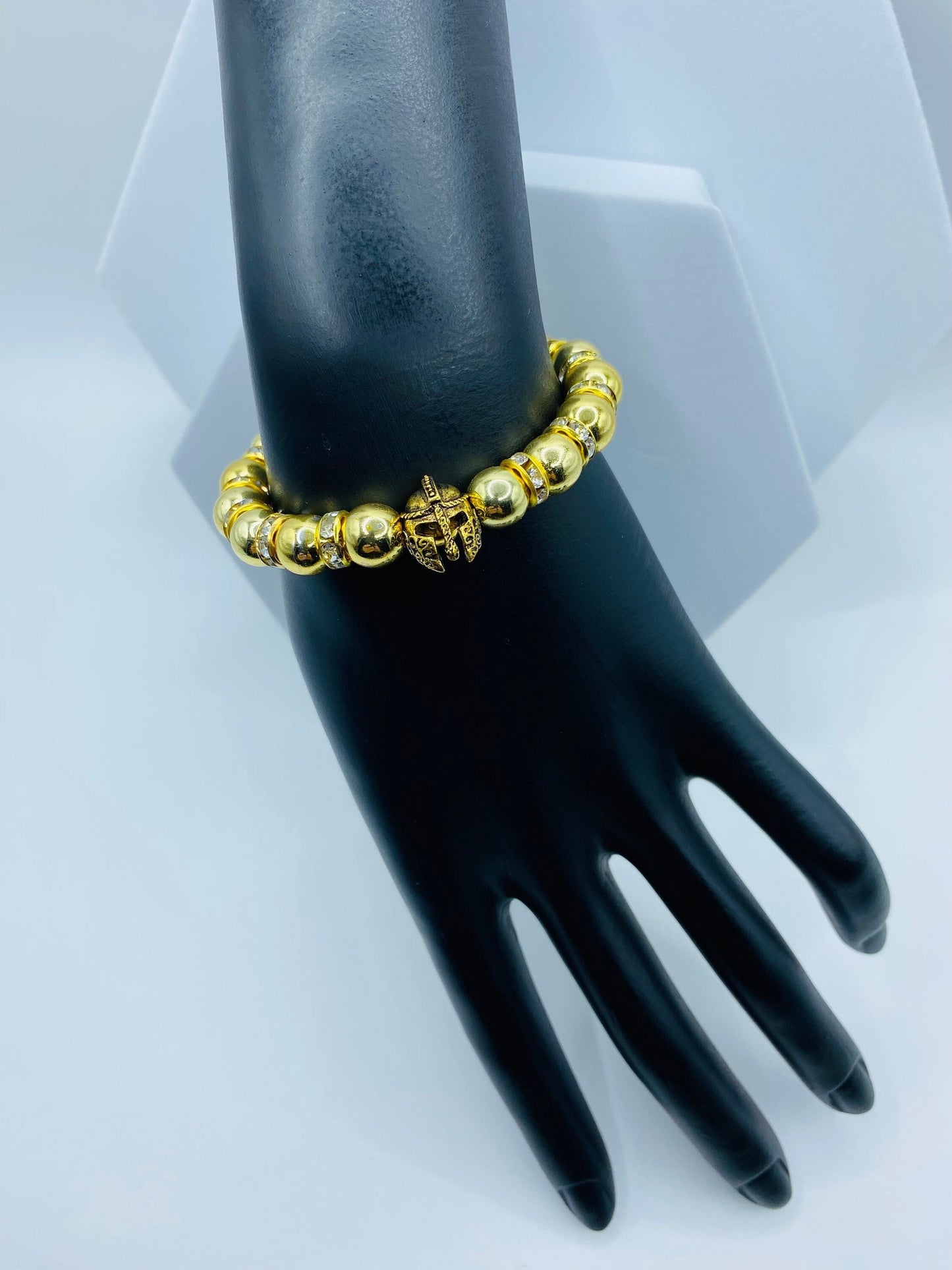 Mens Gold Hematite Bracelet: Spartan Helmet Charm, Rhinestone Rondelle Accents