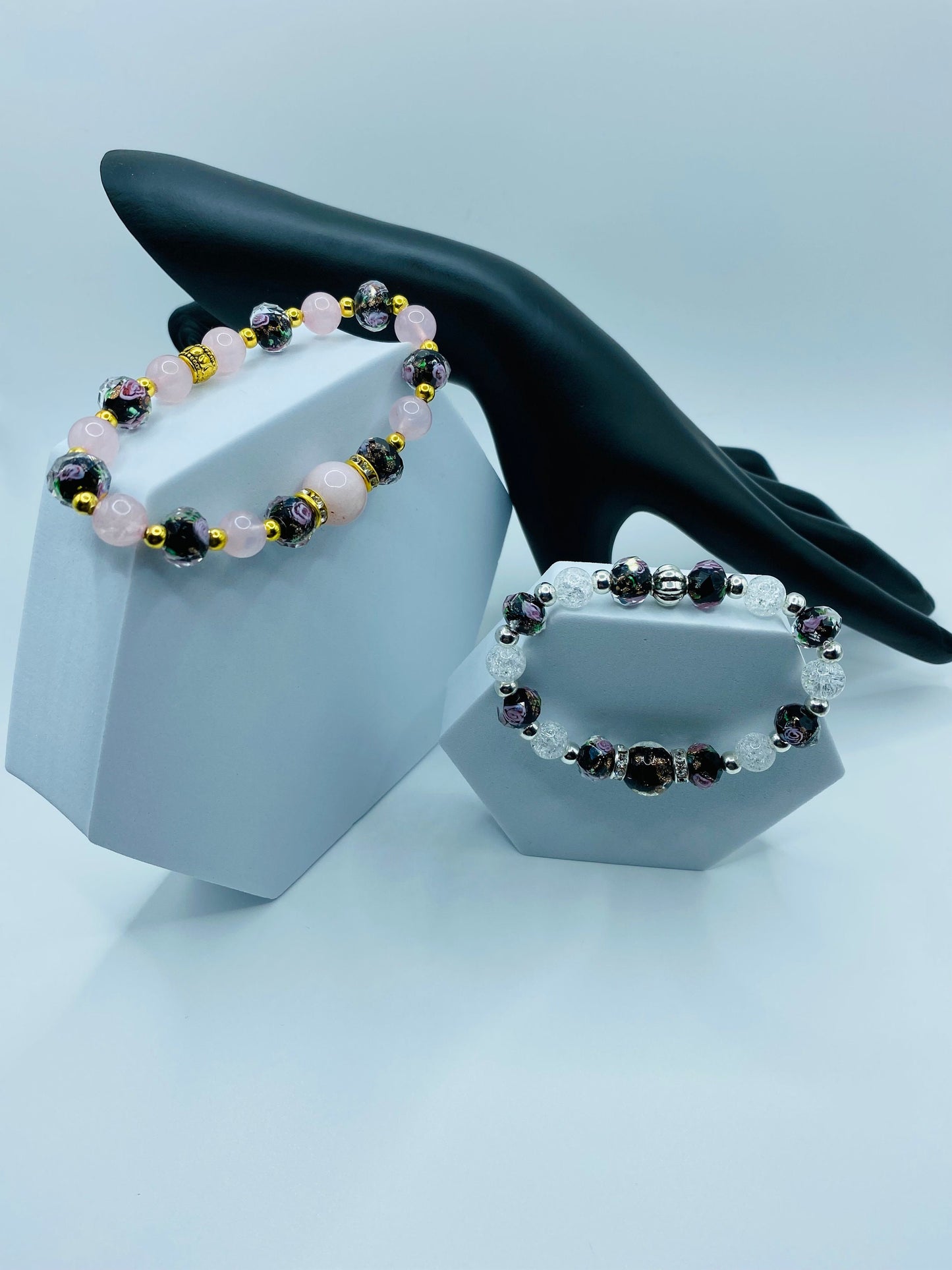 Lampwork Flower Glass Bead Bracelet: Crystal Quartz & Hematite Gemstone