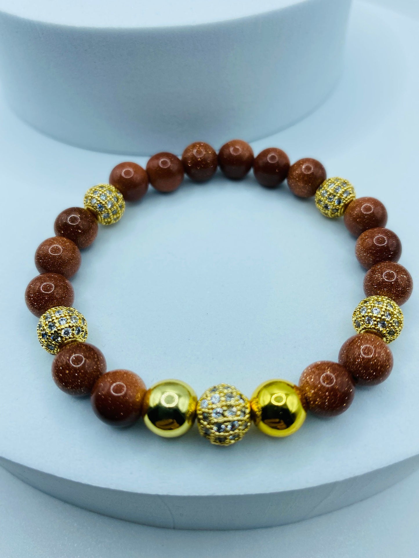 Goldstone Beaded Bracelet: 18k Gold Plated Hematite & CZ Crystals