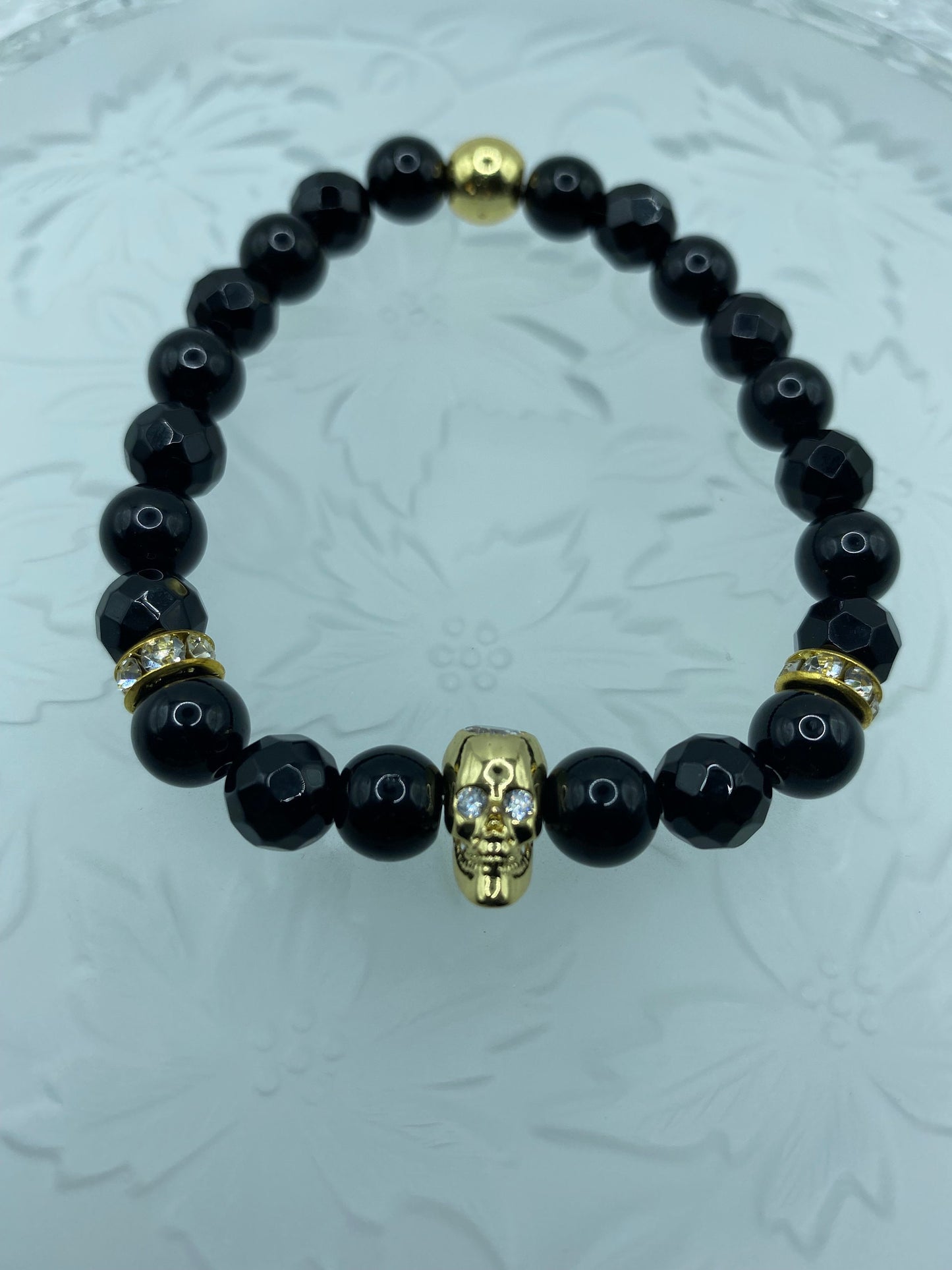 Black Onyx Bracelet: Golden CZ Skull Bead, Goth Jewelry