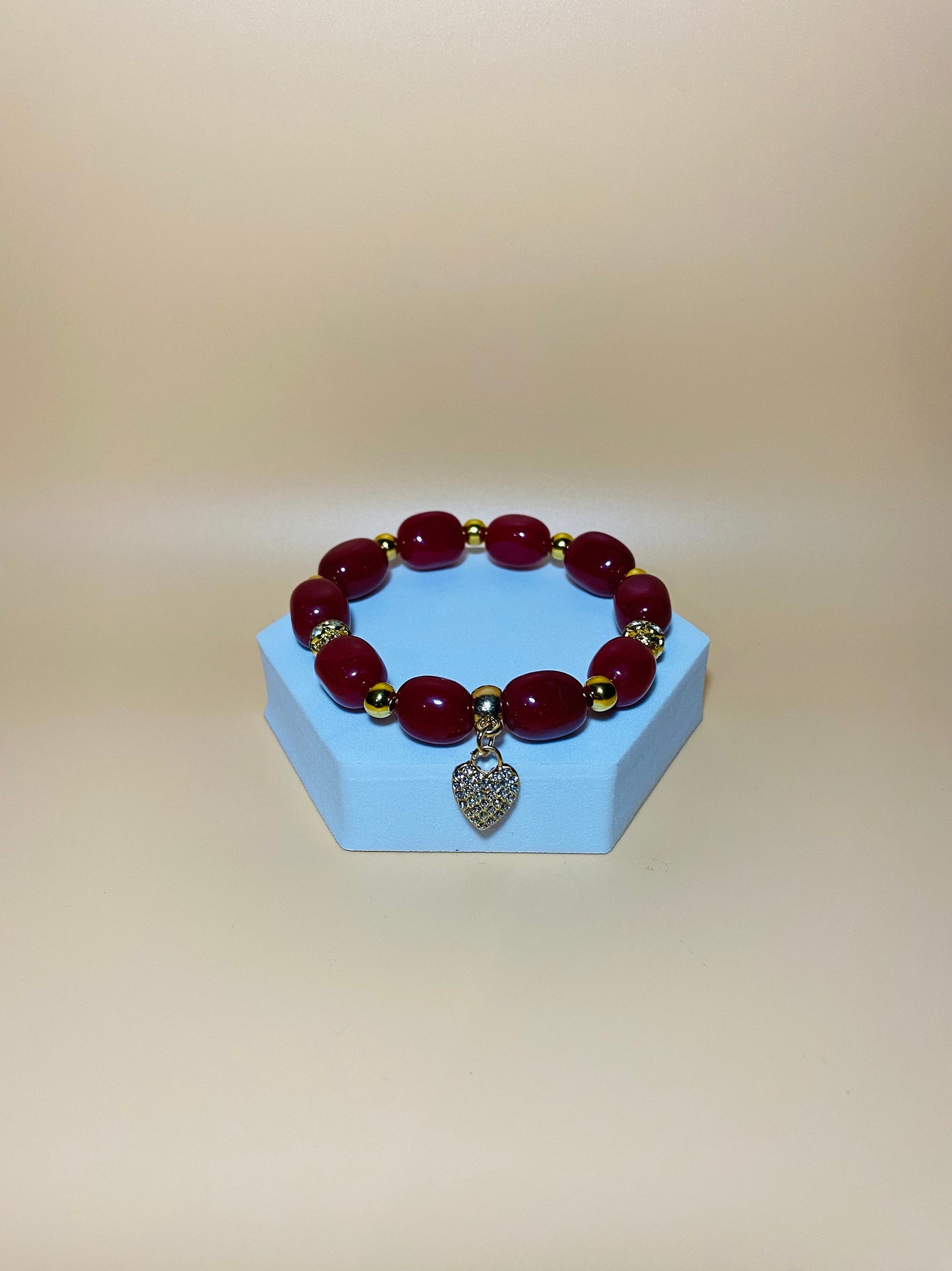 Red Jade Beaded Bracelet: Rhinestone Heart Pendant, Gold Accents