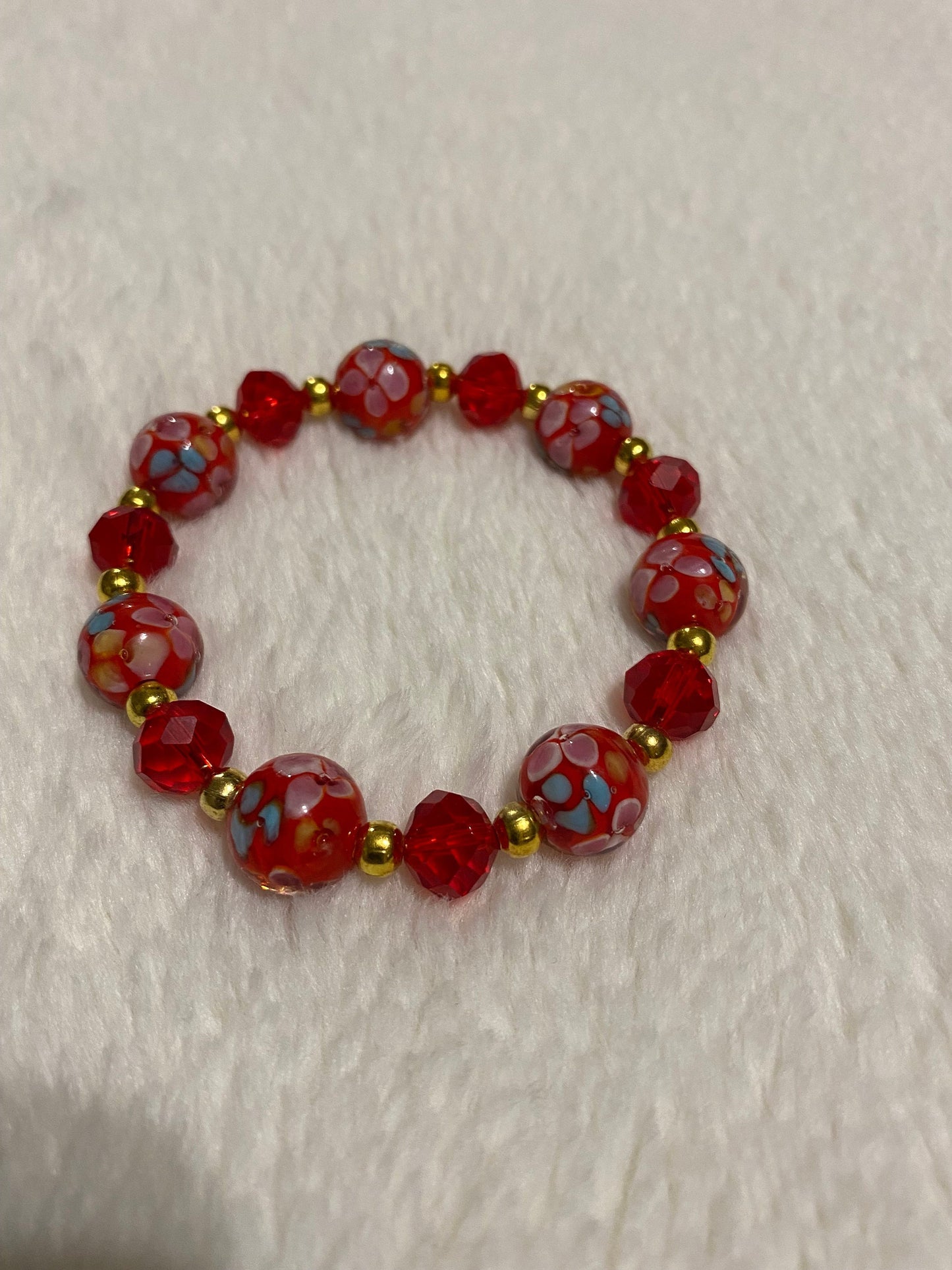 Red Floral Lampwork Glass Bead Bracelet: 18k Gold Hematite Accents