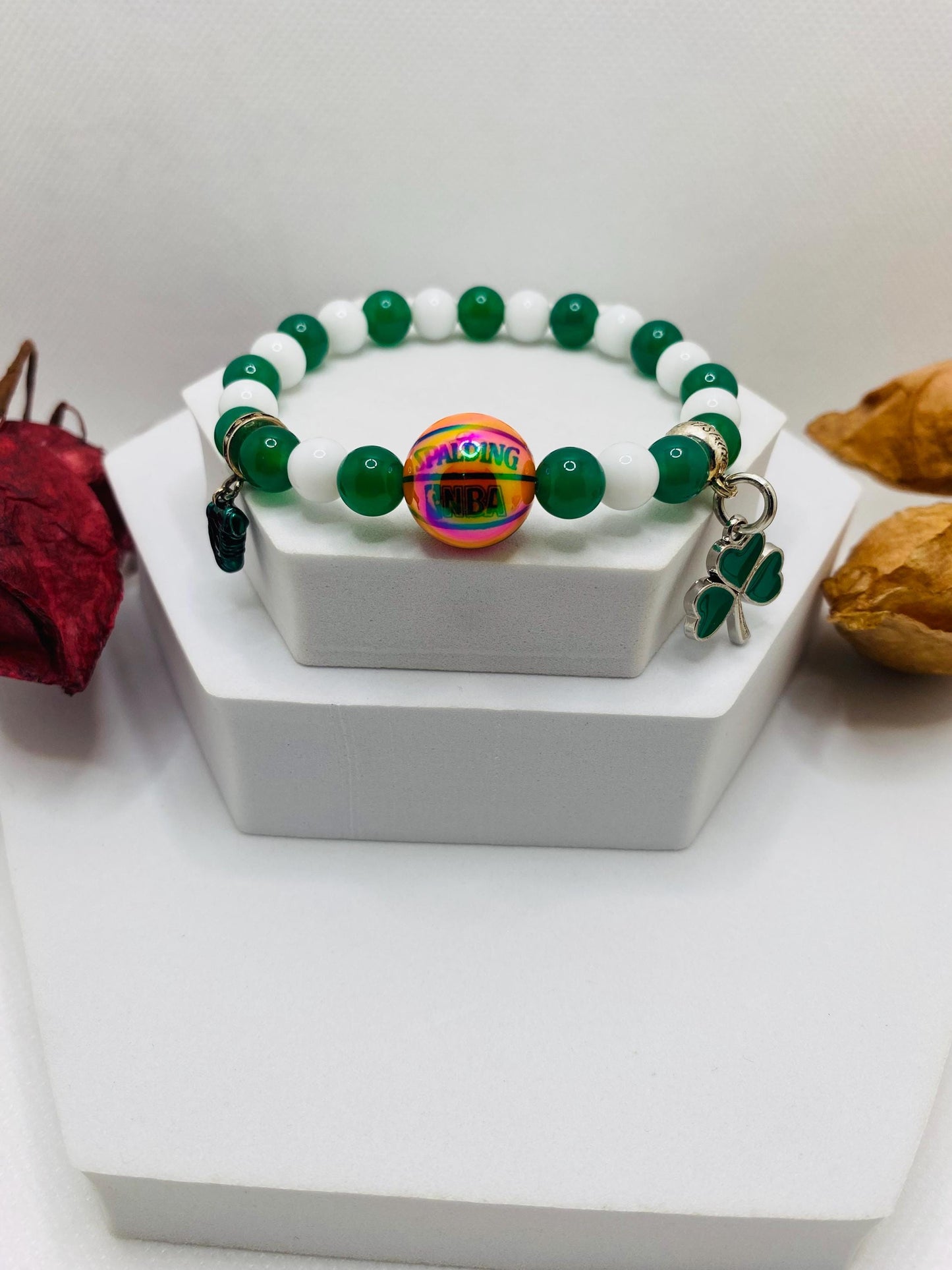 Boston Celtics Jade Beaded Bracelet with Basketball Bead & Clover Charm