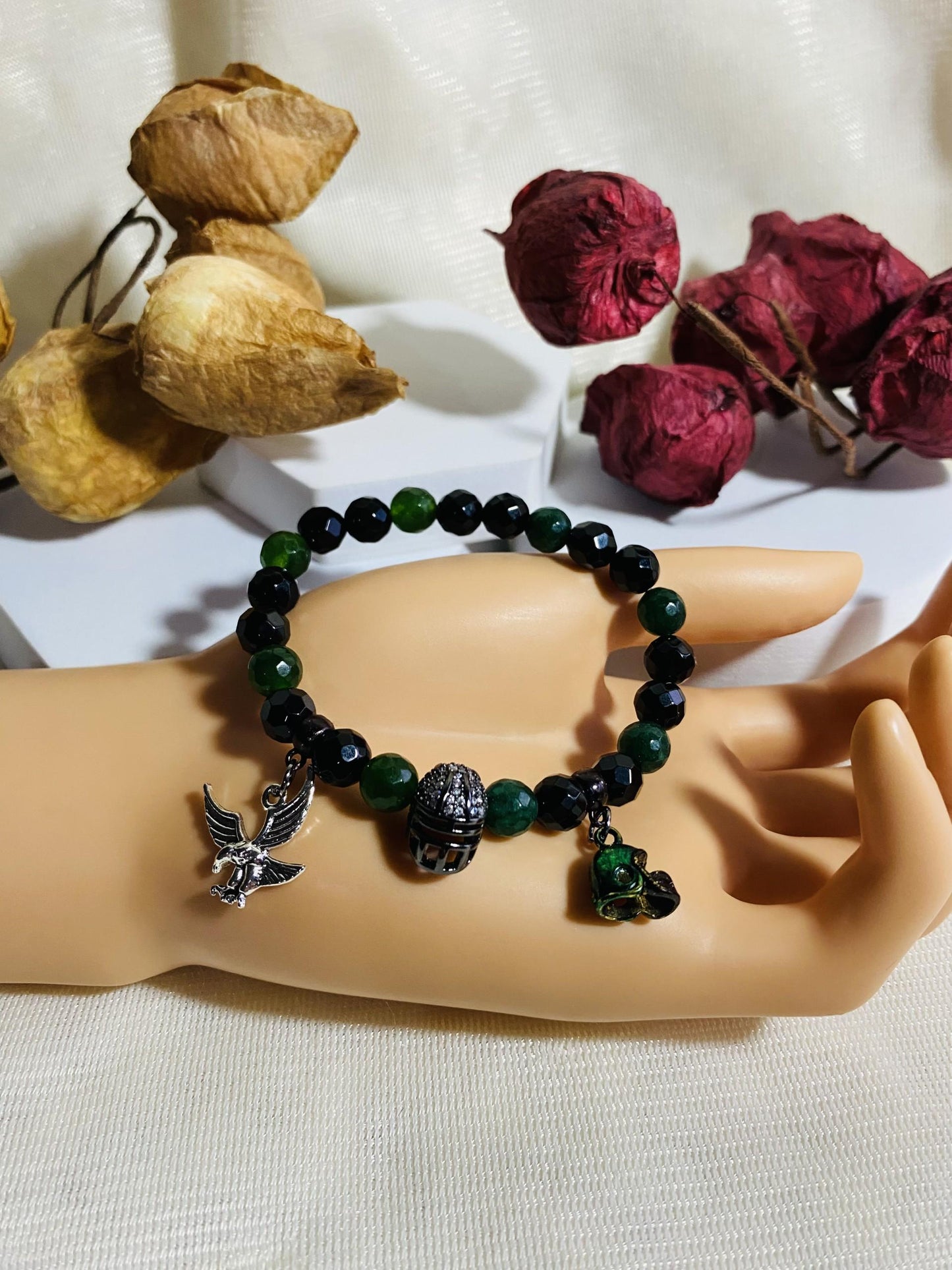 Mens Bracelet Philadelphia Eagles Custom Jewelry with Football Helmet & Natural Gemstone Beads
