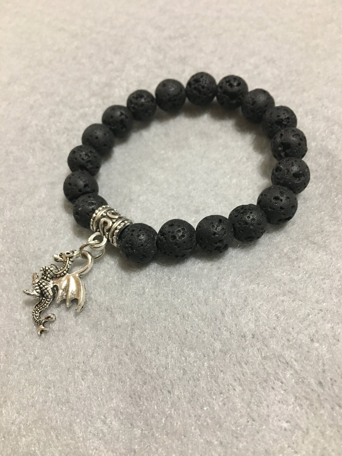Lava Rock Dragon Bracelet: Antique Silver Charm, Gemstone Beads