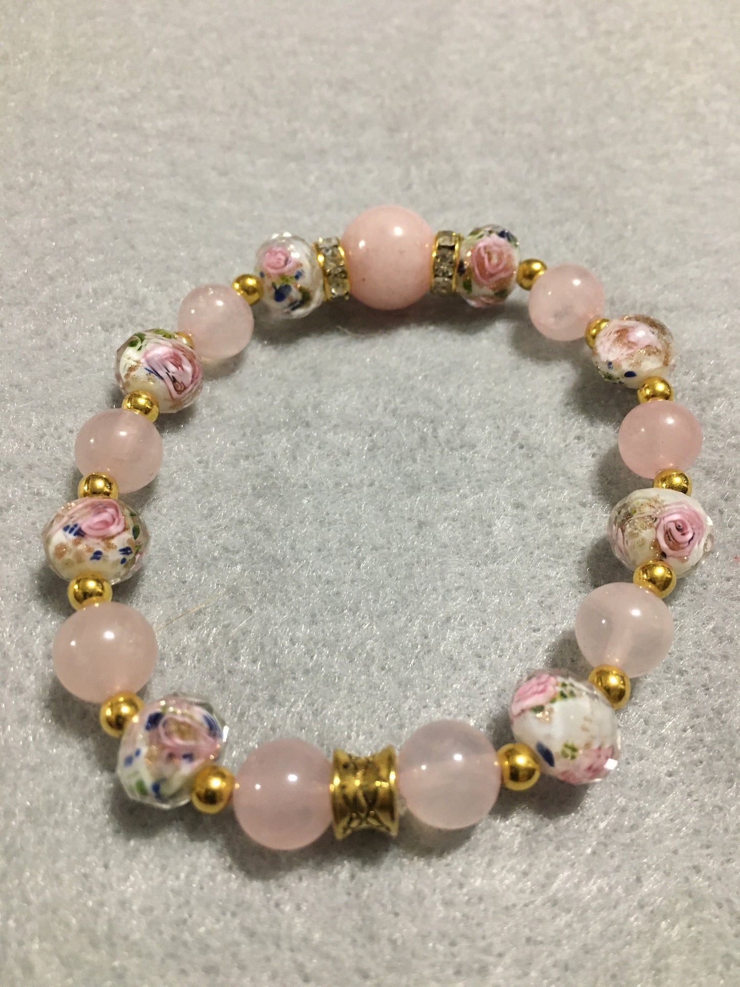 Handmade Rose Quartz Bracelet: Lampwork Floral Glass Beads