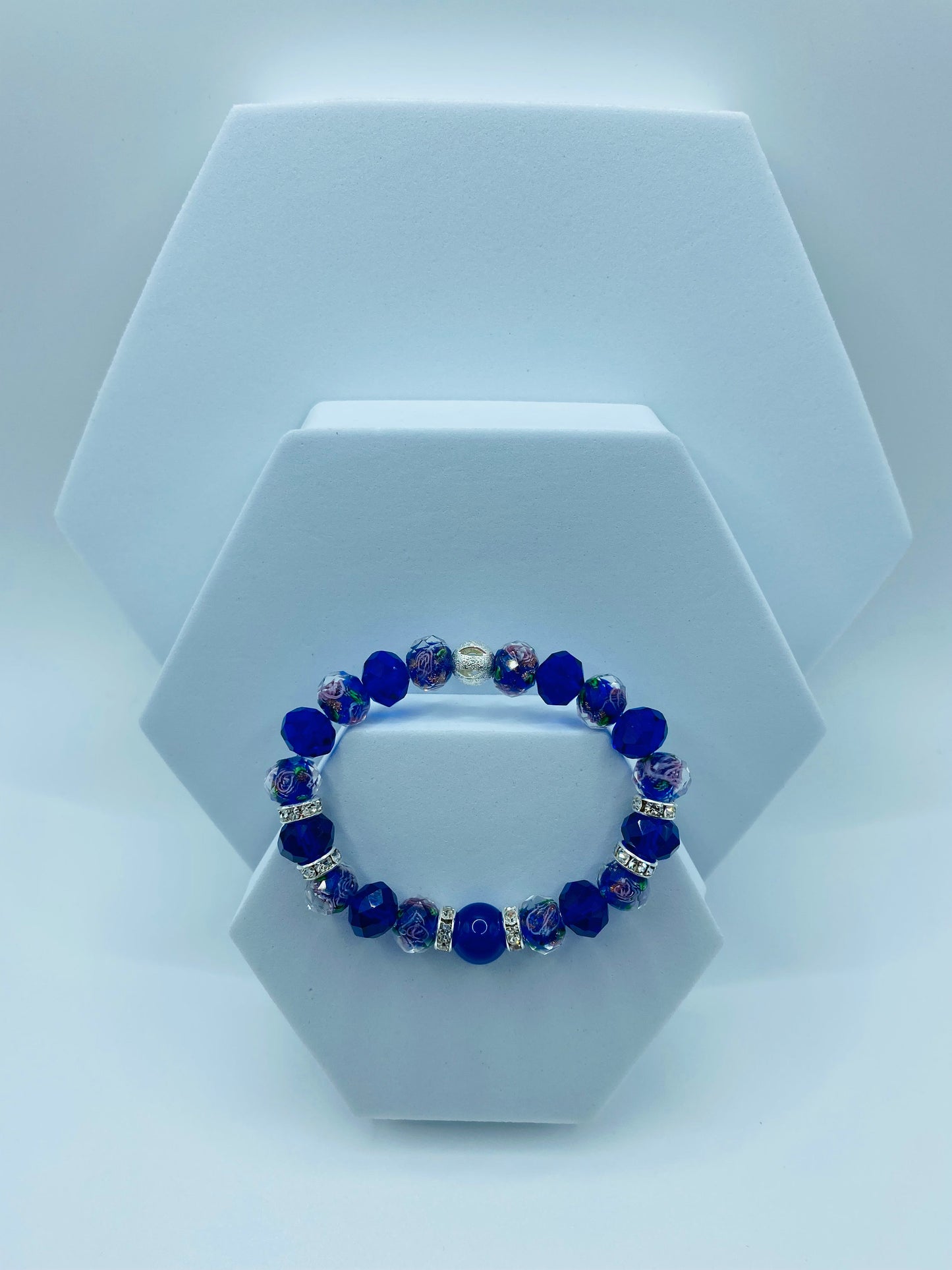 Blue Chalcedony Bracelet: Lampwork Floral Glass Beads, Rhinestone Accents