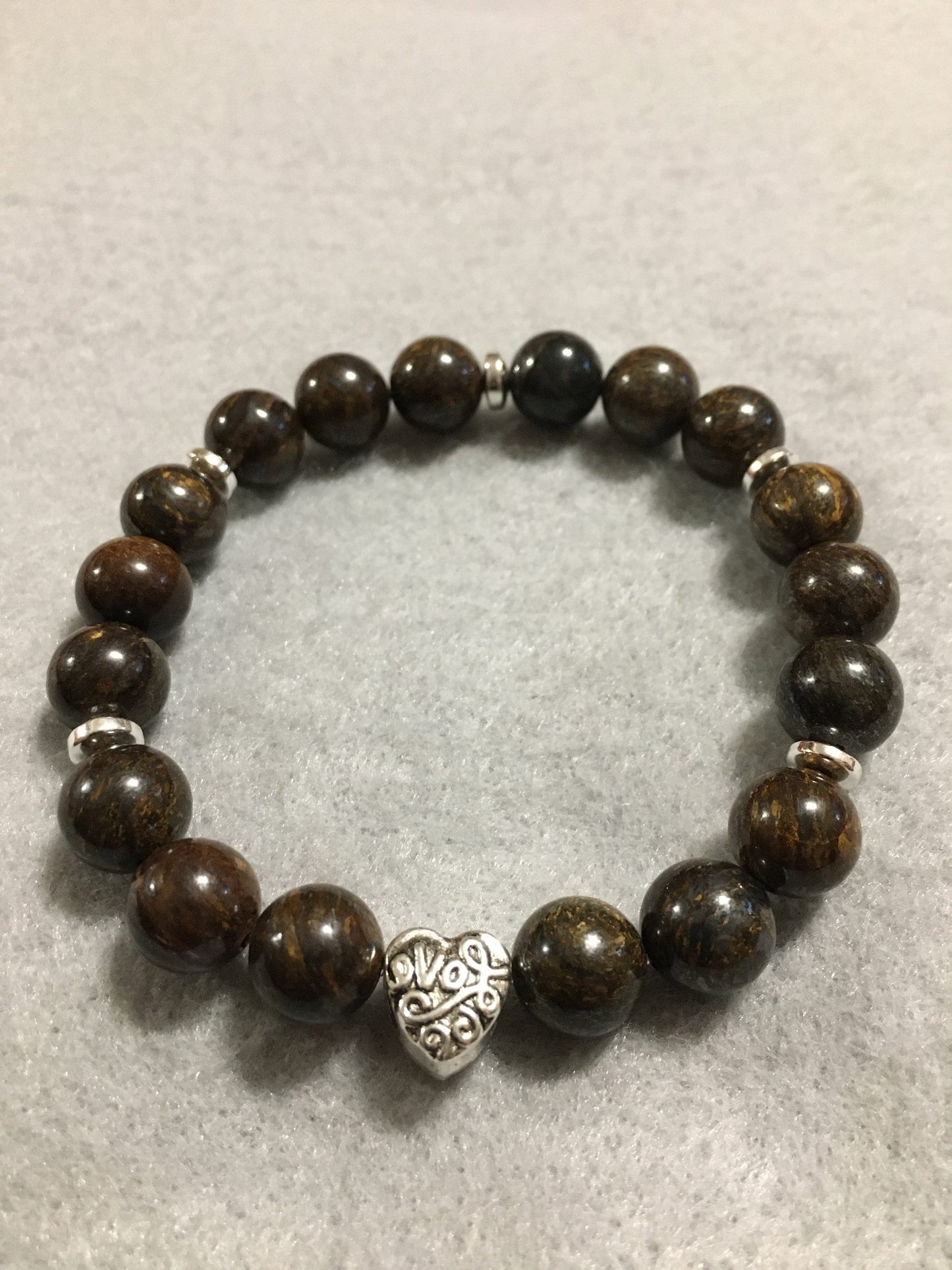 Bronzite Gemstone Bracelet with Love Heart Charm & Hematite Spacers
