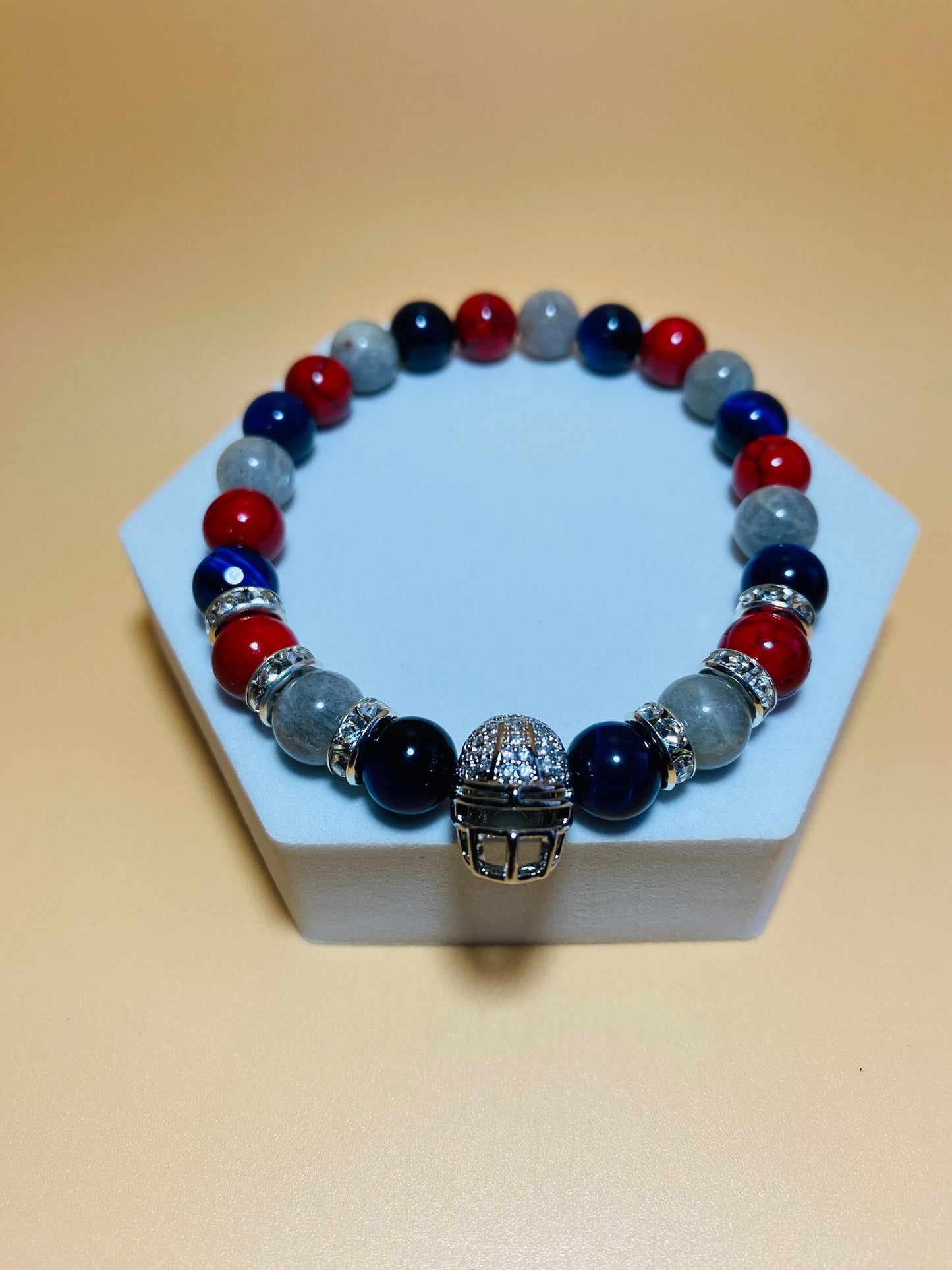 New England Patriots Bracelet: Gemstone Beads & CZ Helmet Charm