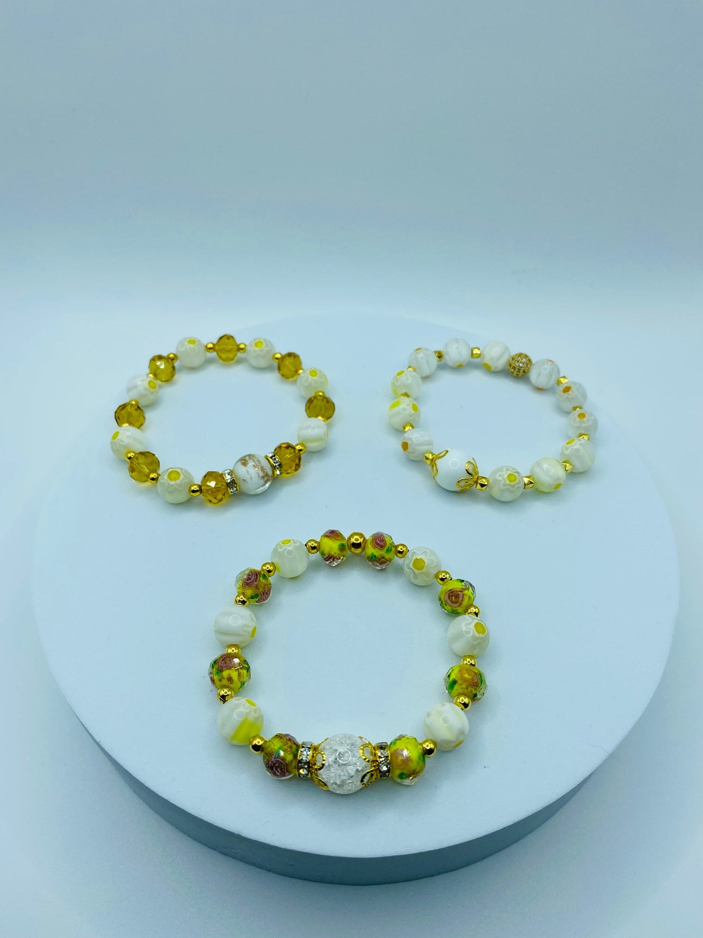 Lampwork Glass Bead Bracelet: Boho Floral Jewelry, Gold Hematite Accent