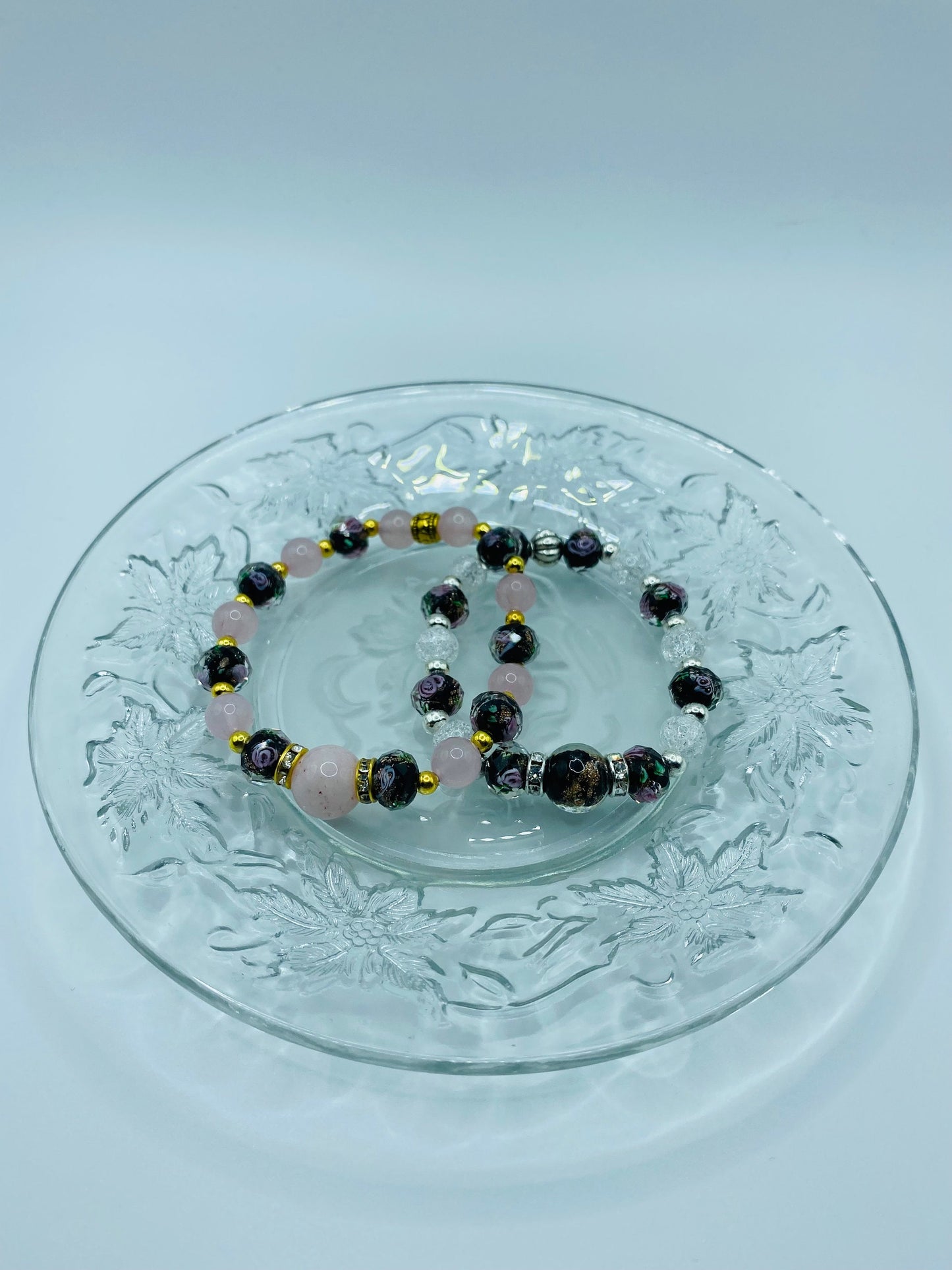 Rose Quartz Bracelet: Lampwork Flower Glass & Gold-Plated Hematite Beads