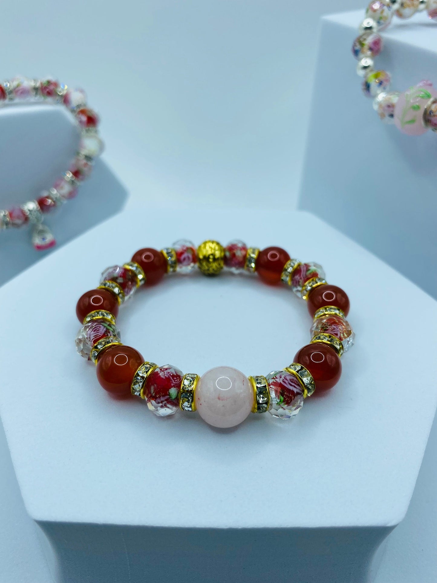 Rose Quartz Bracelet: Red Carnelian, Lampwork Floral Glass Beads