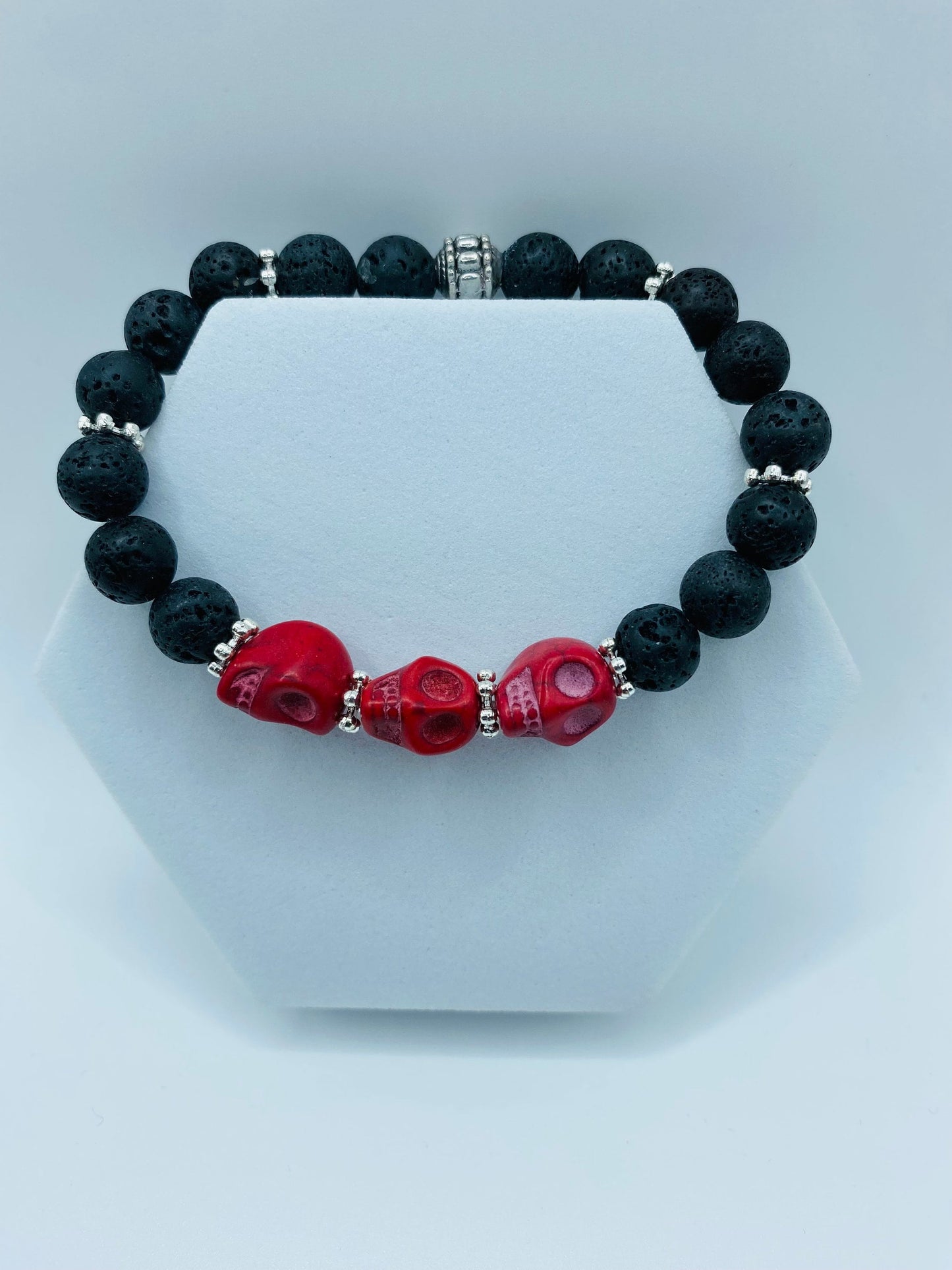 Day of the Dead Lava Rock Bracelet, Red Skull Beads - Dia de Los Muertos - Gothic Jewelry - Gift for Him