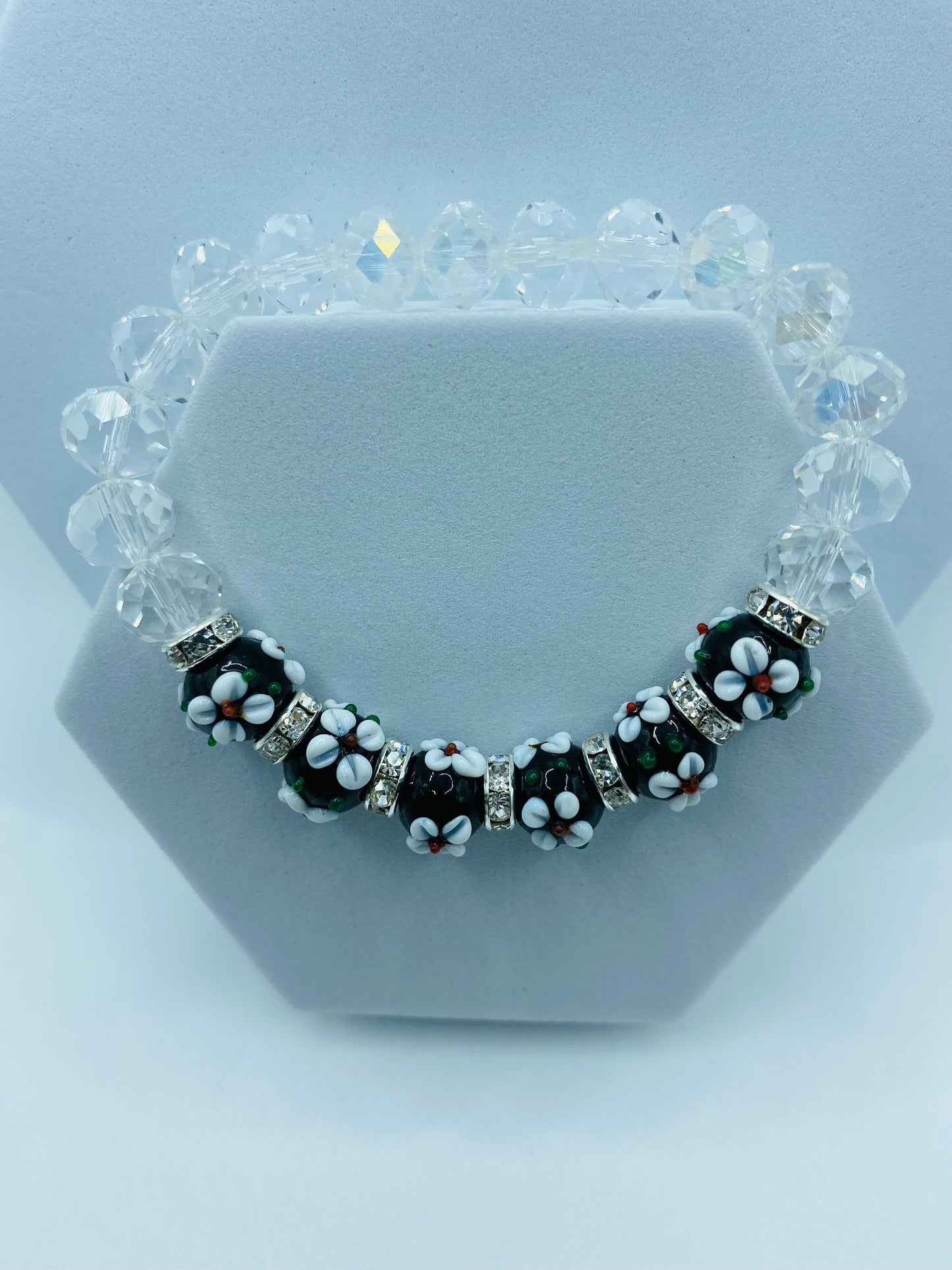 Lampwork Floral Glass Bead Bracelet: Rhinestone Crystal Flower Bracelet