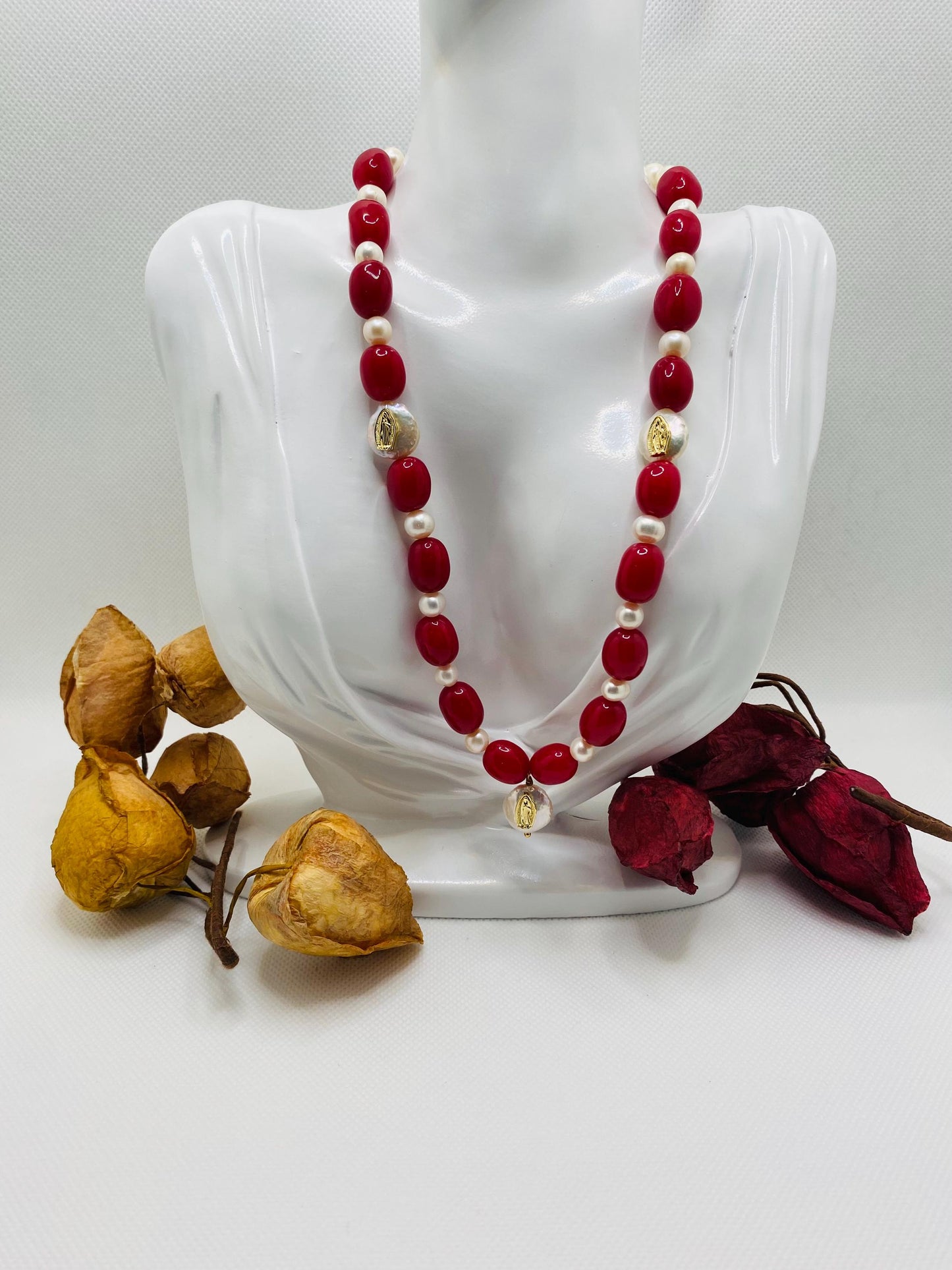 Handmade Red Jade Pearl Necklace: Virgin Mary Religious Jewelry