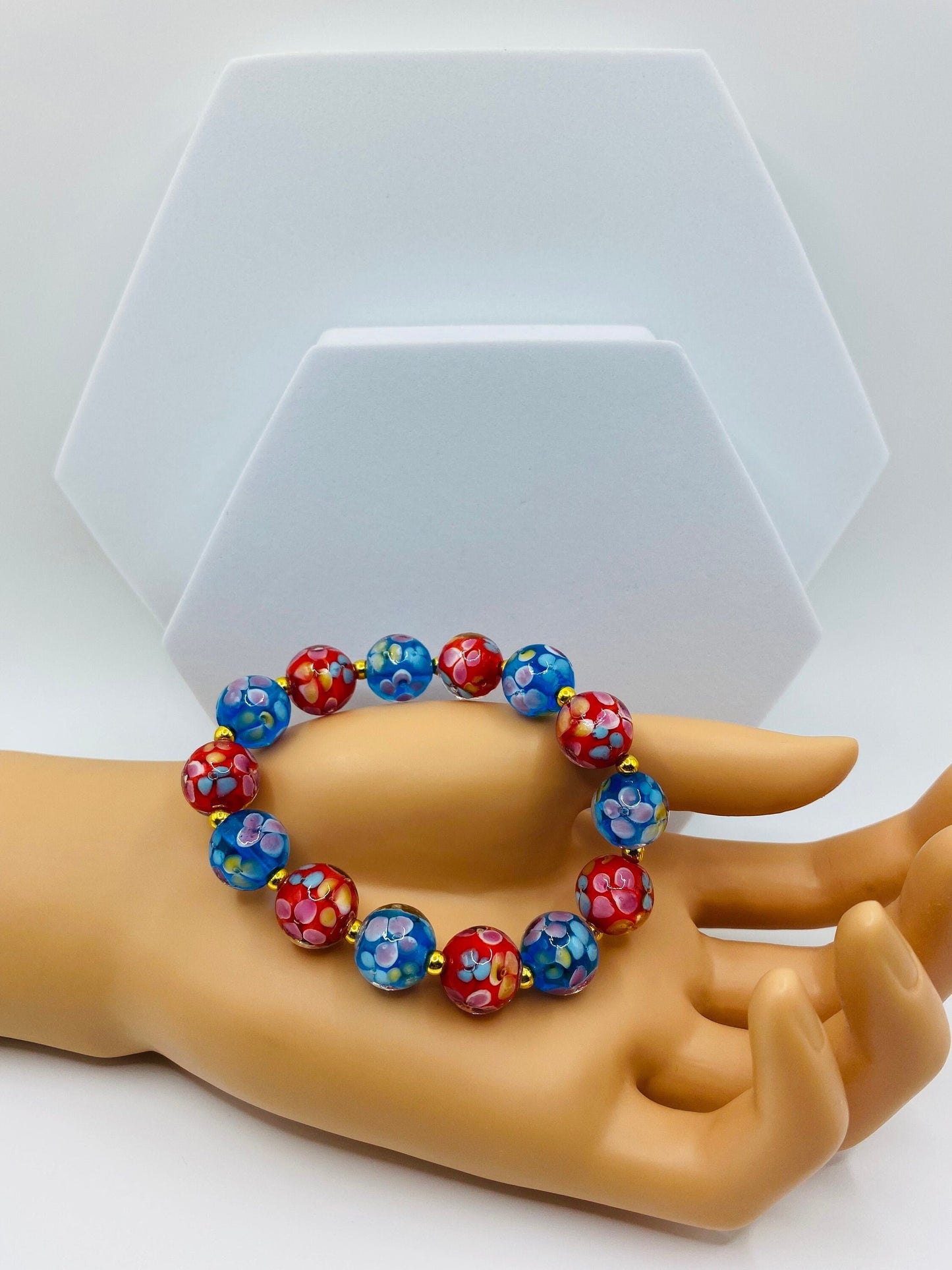 Floral Lampwork Glass Bead Bracelet: Red & Blue Murano Style