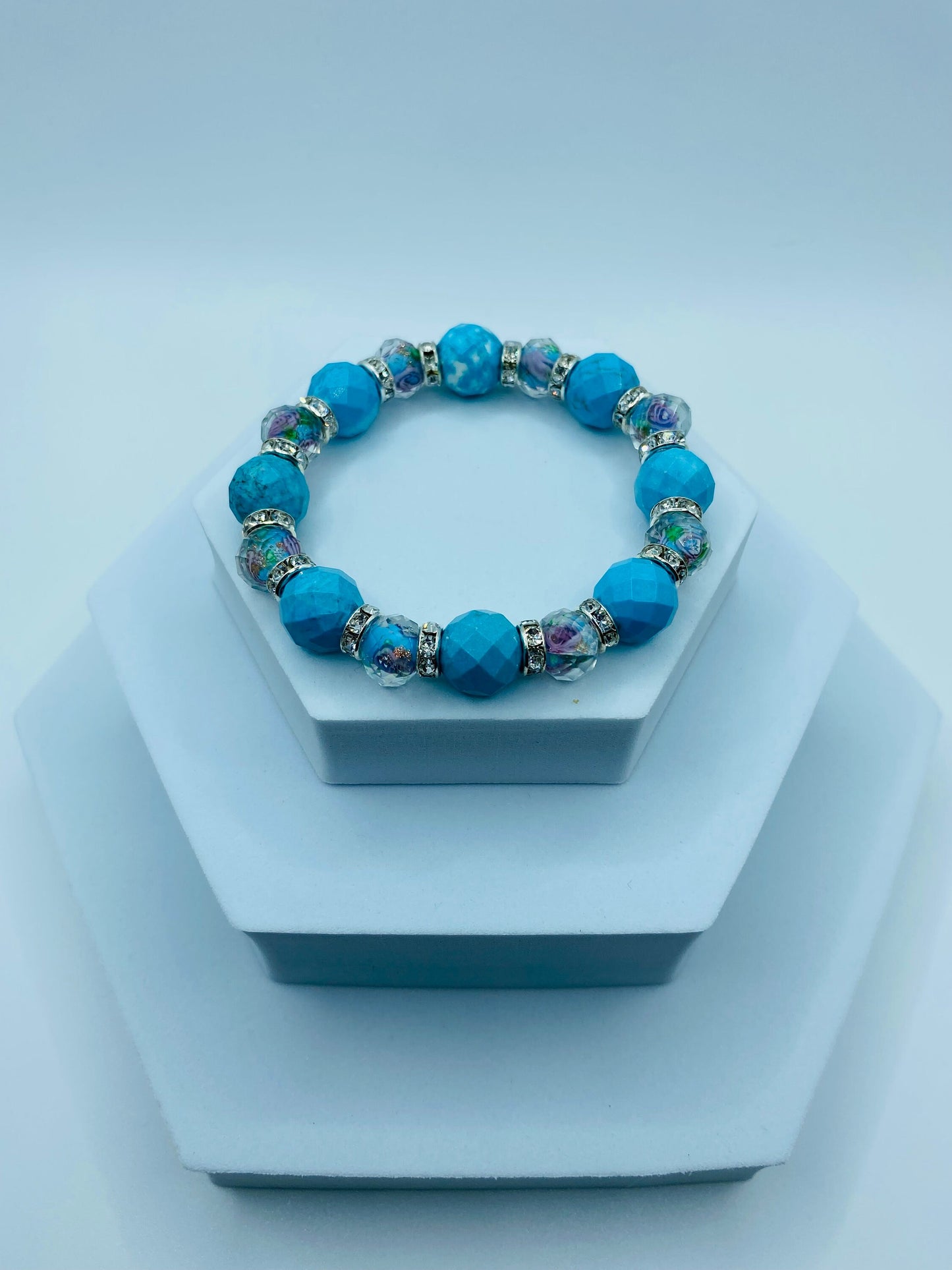 Turquoise Bracelet Custom Jewelry with Lampwork Flower Glass Beads - Mens Bracelet - Bracelets for Women