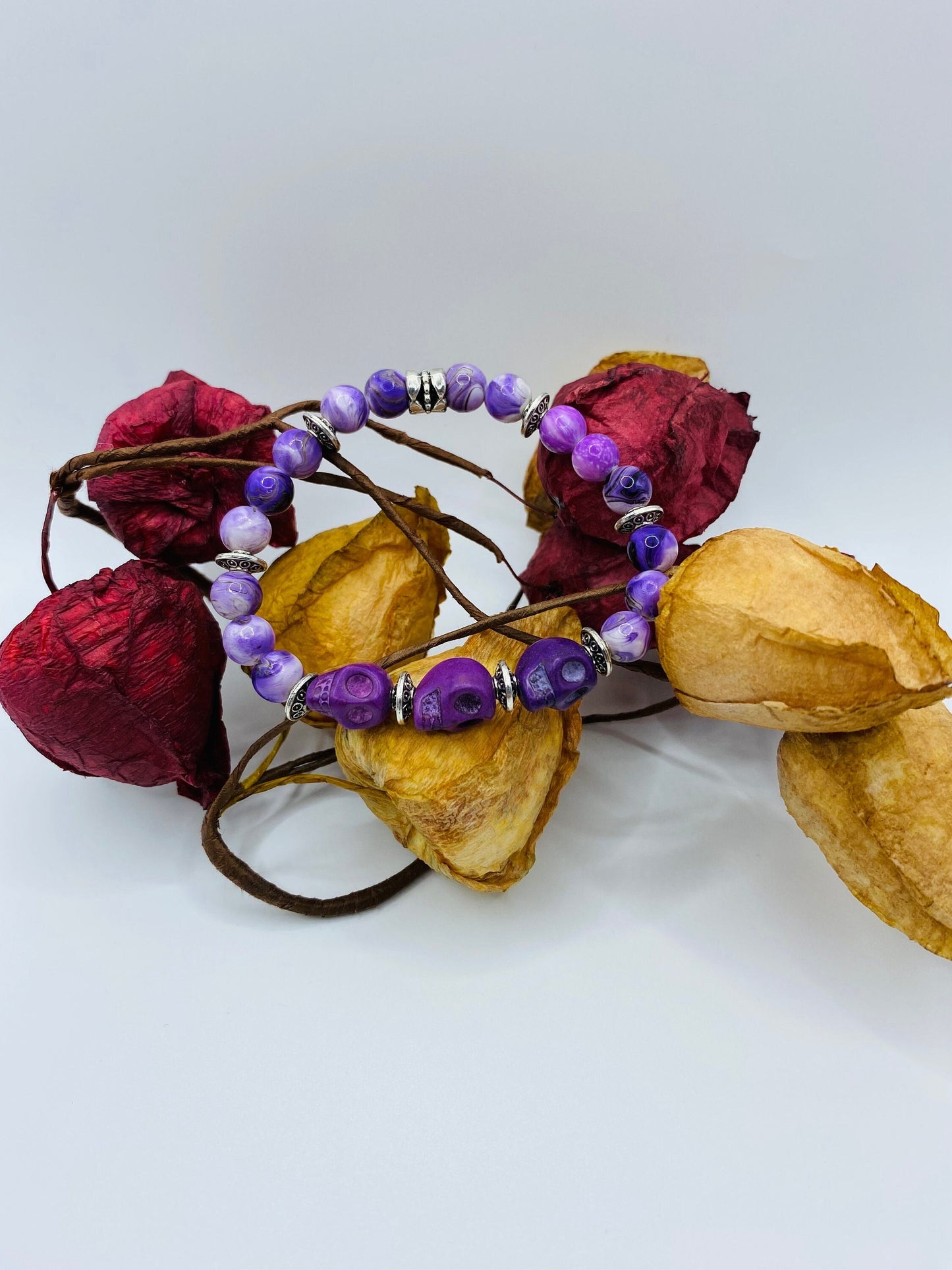 Purple Skull Charm Bracelet: Dia de Los Muertos Gemstone Jewelry