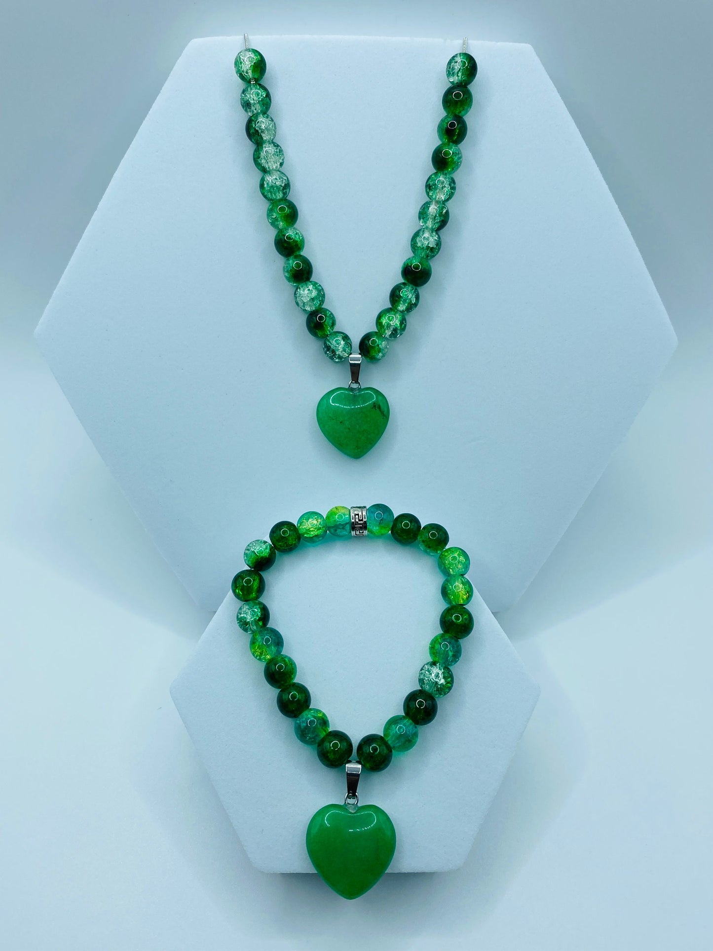 Handmade Jade Heart Necklace Bracelet Set: Green Glass Bead Jewelry