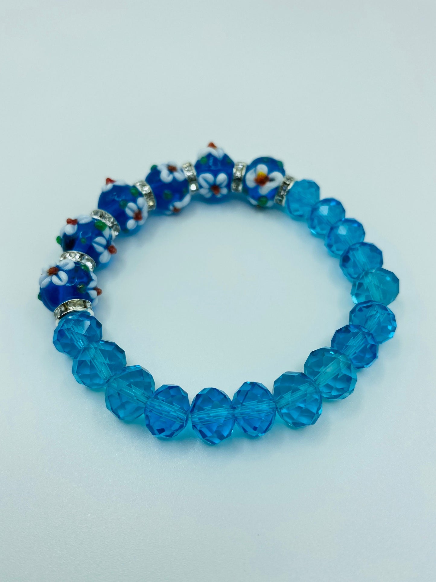 Blue Crystal Bracelet: Floral Lampwork Glass Beads, Rhinestone Rondelles