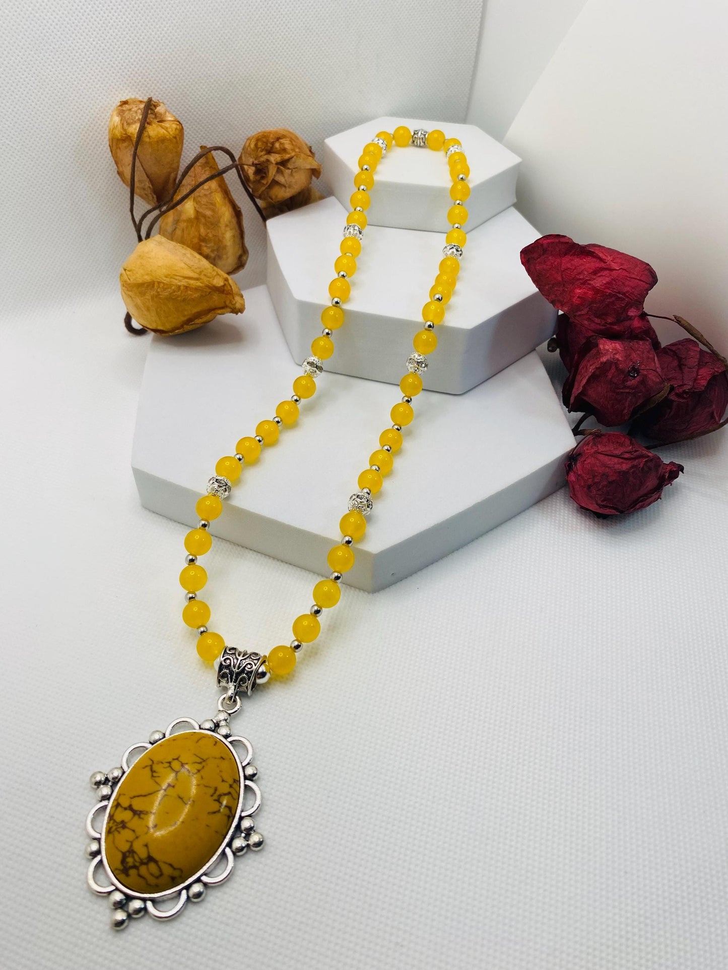 Jade Necklace for Women with Silver Hematite Gemstone Beads & Turquoise Pendant, Gifts for Her