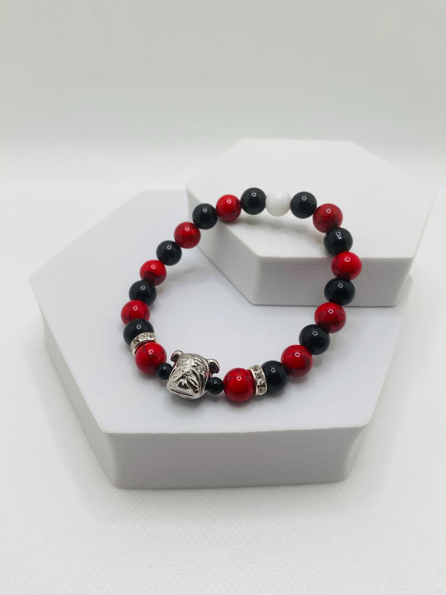 Georgia Bulldogs Gemstone Bracelet: Red Turquoise & Black Onyx, Dog Lover Gift
