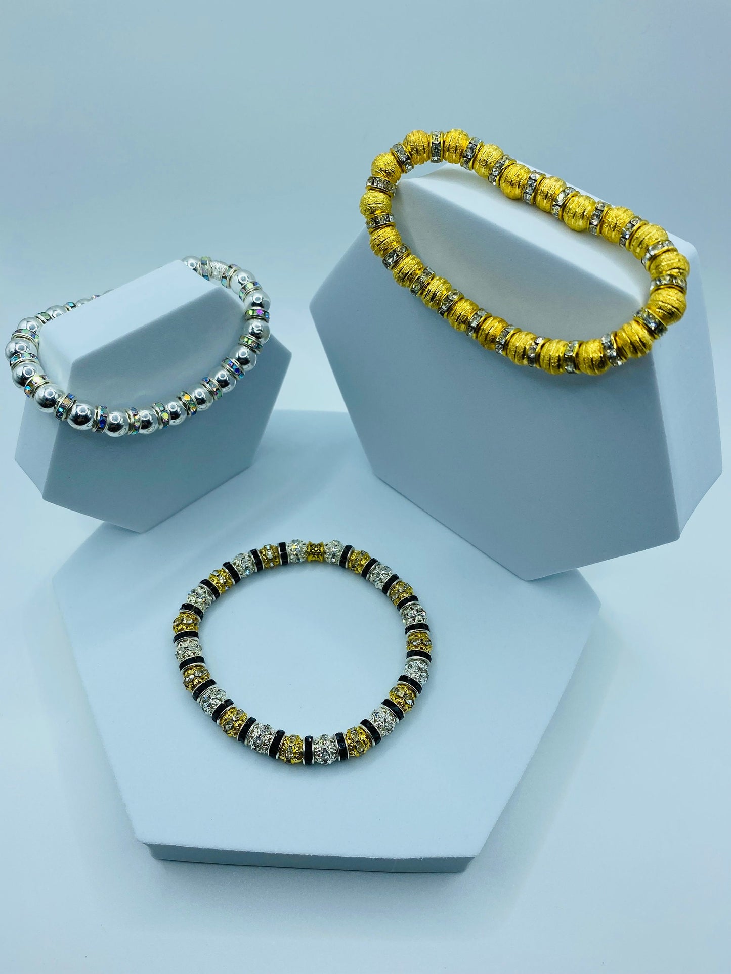 Mens Rhinestone Bracelet: Gold & Silver Plated CZ Beads