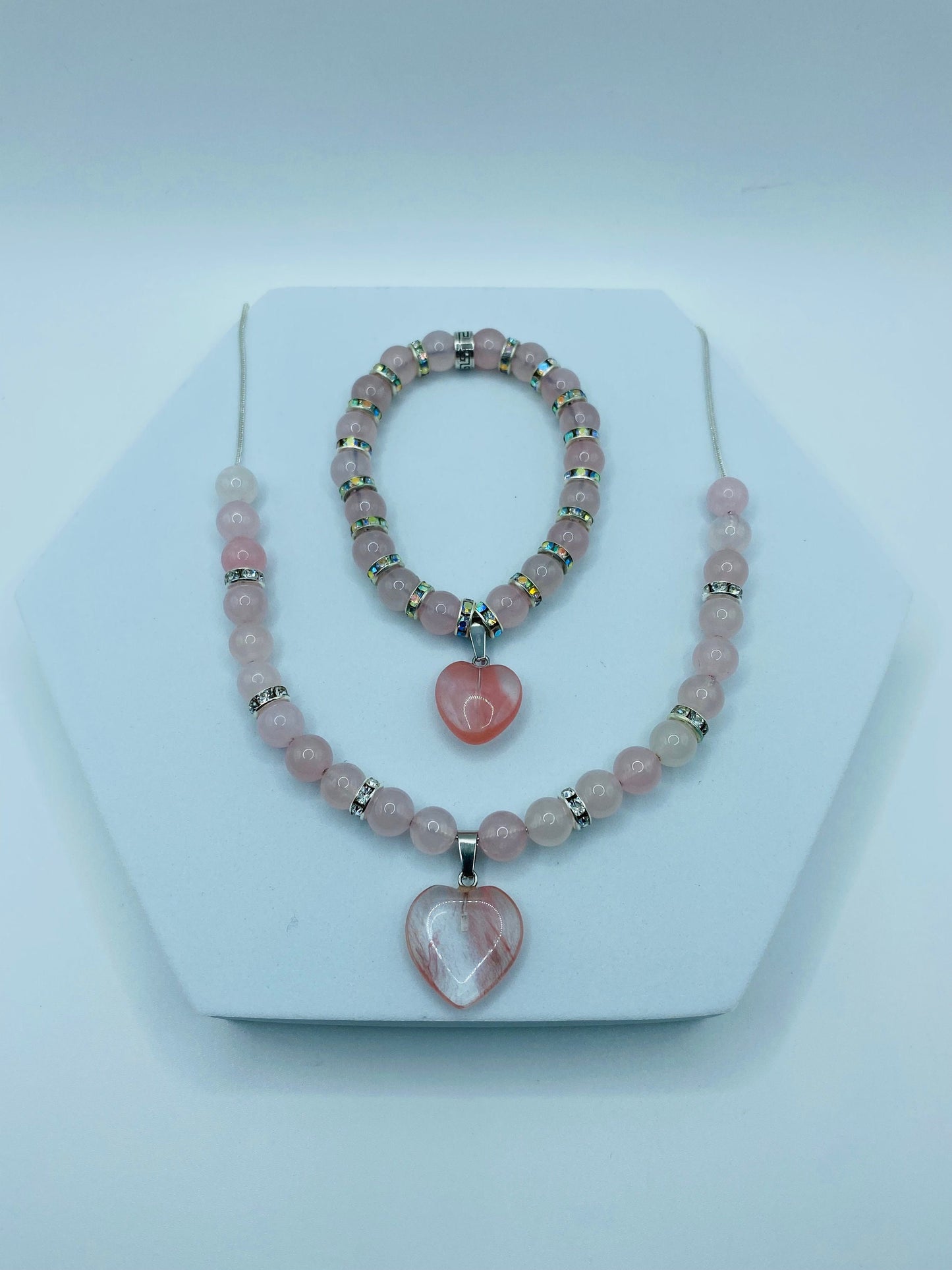 Rose Quartz Necklace Bracelet Set: Pink Aventurine Heart Charm, Rhinestone Rondelles