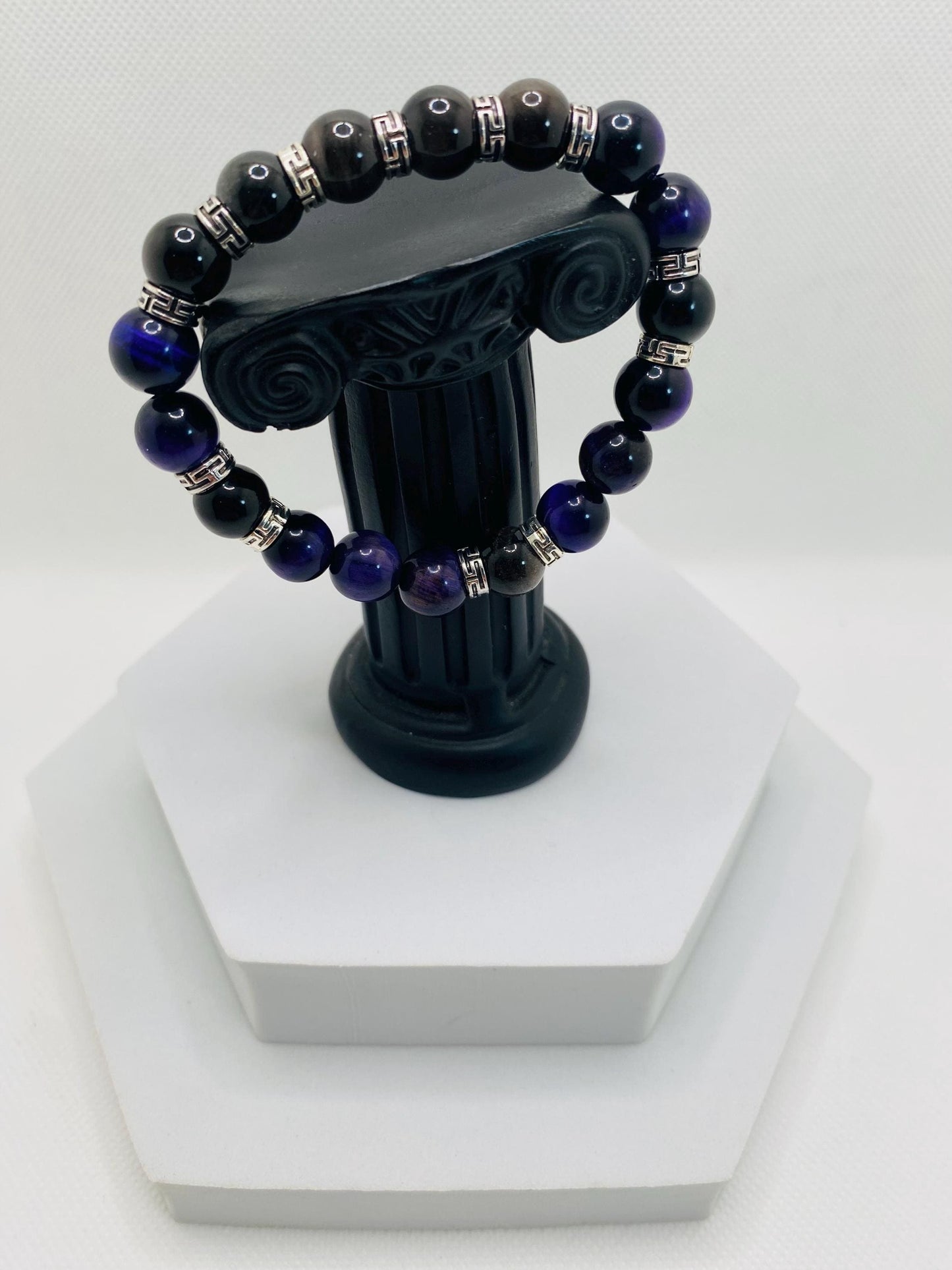 Tigers Eye Bracelet for Men: Black Obsidian & Tibetan Spacers