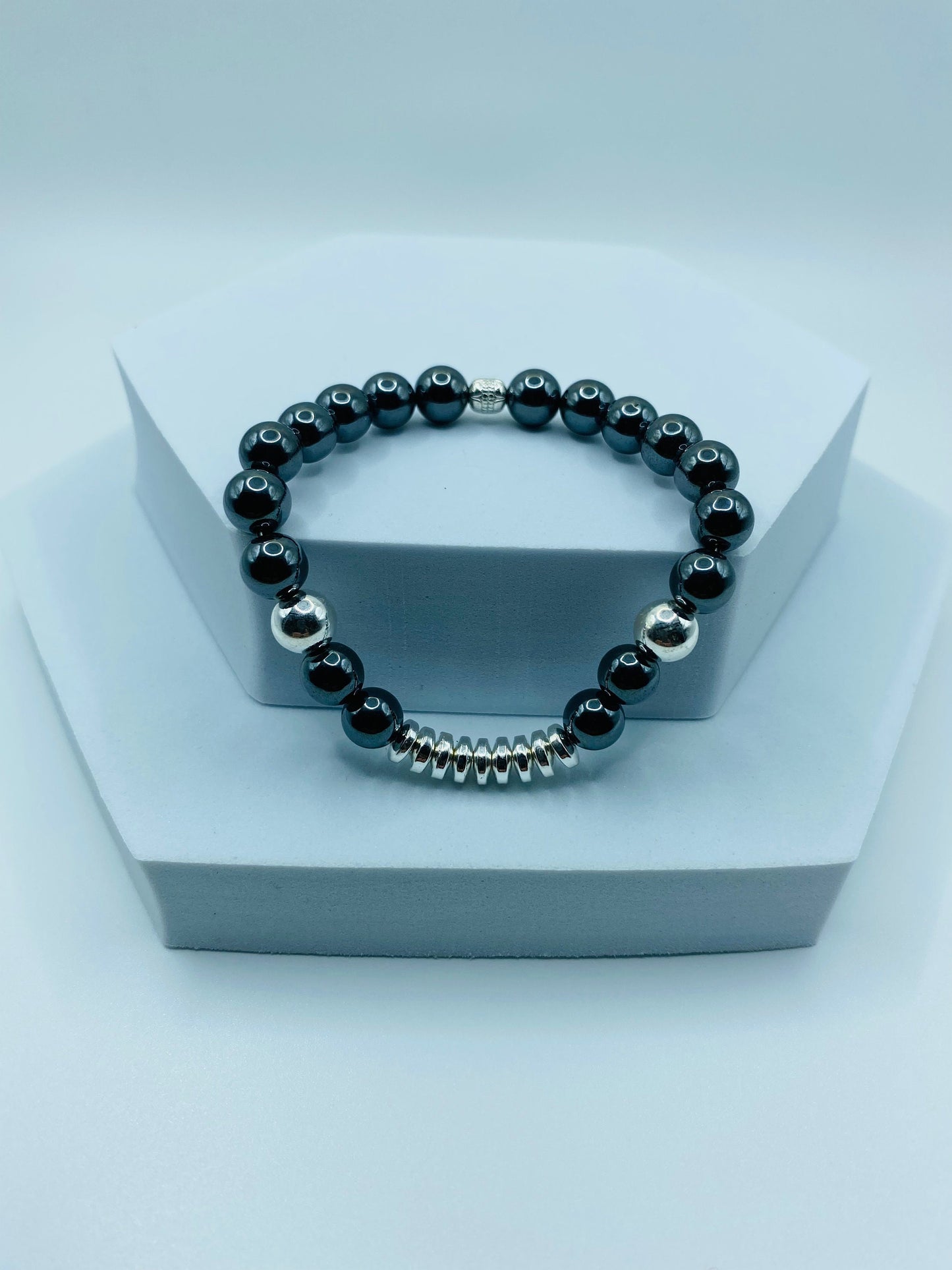Mens Hematite Beaded Bracelet: Silver Plated Gemstone Jewelry