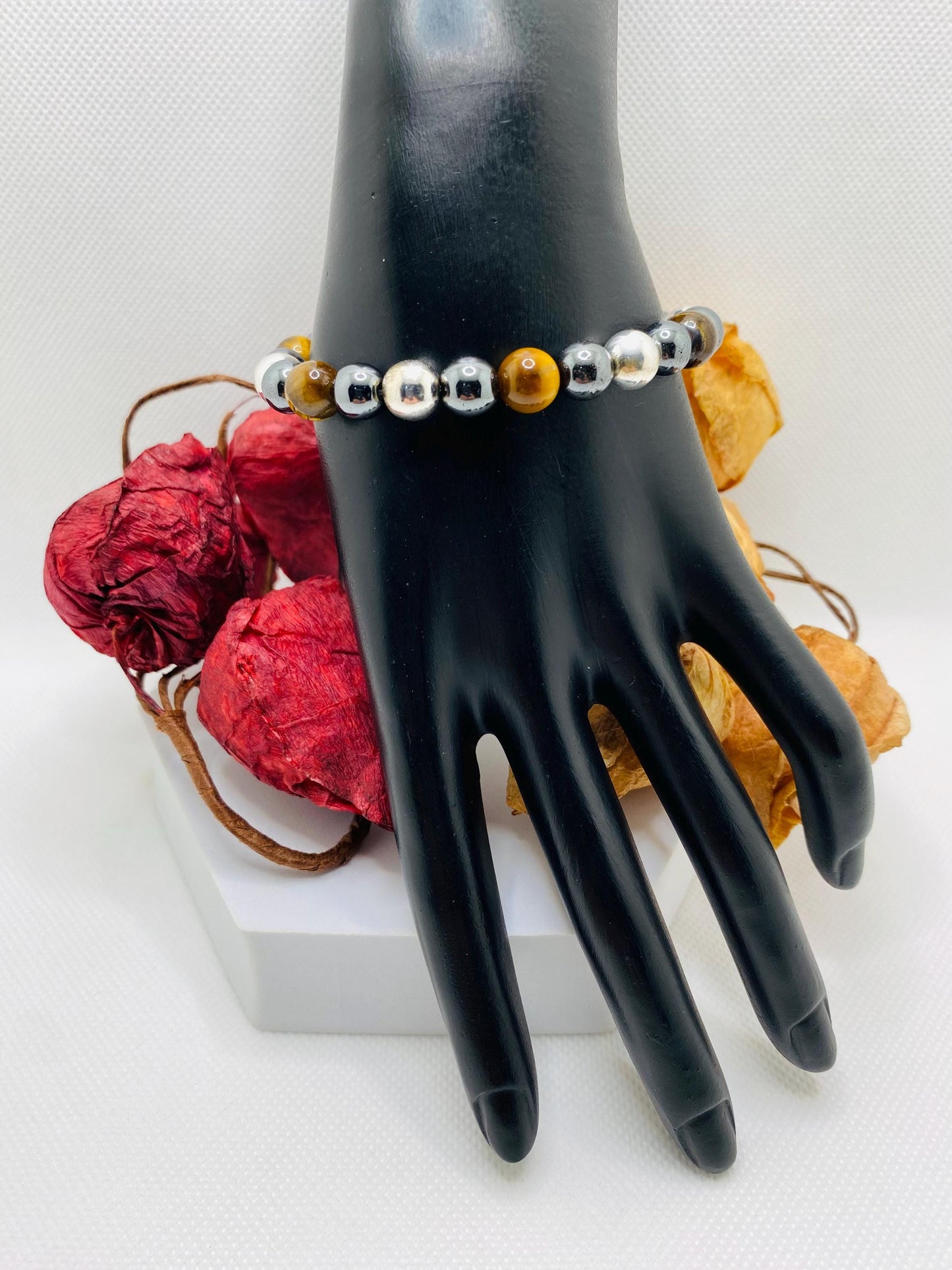 Mens Tigers Eye & Hematite Beaded Bracelet - Handmade Gemstone Jewelry